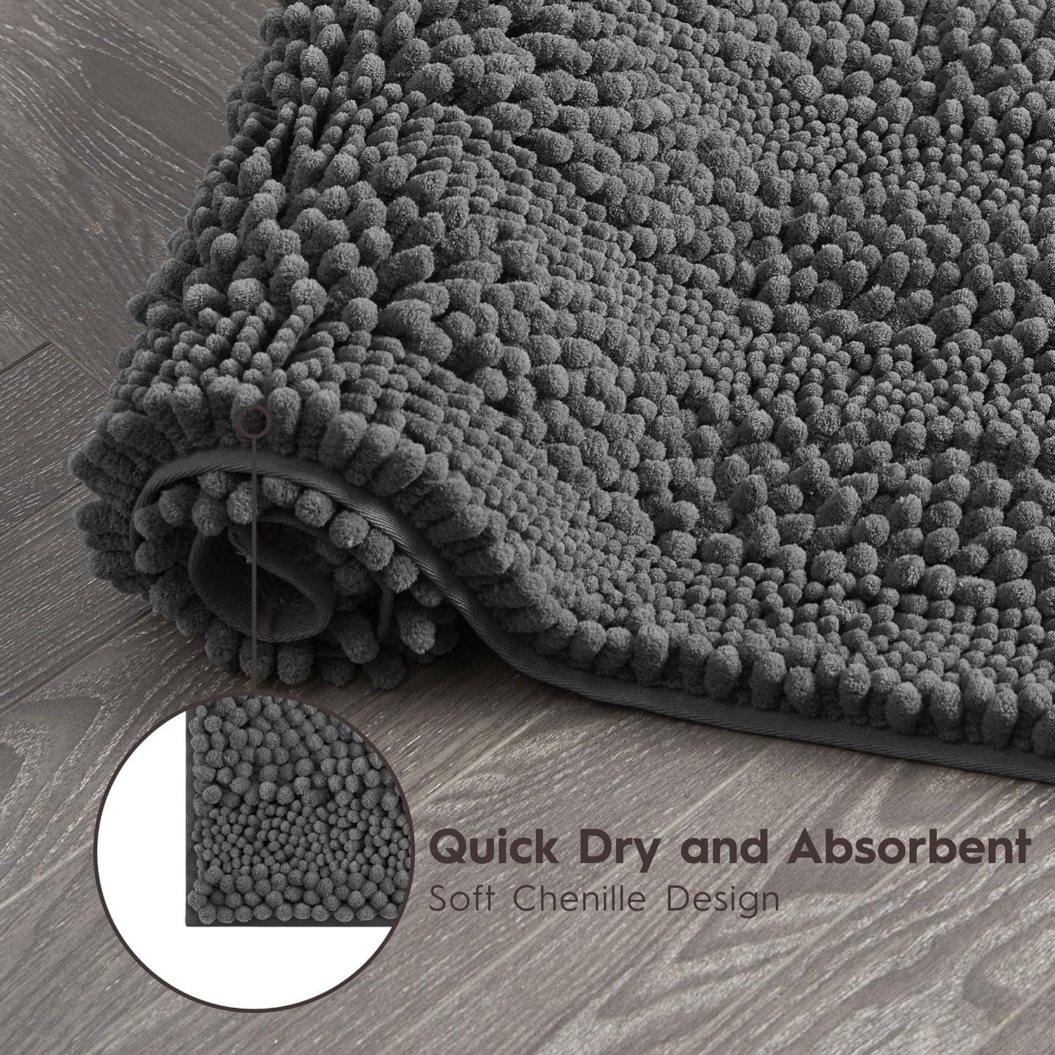 Dark Gray Chenille Non-Slip Bath Mat with Rubber Backing