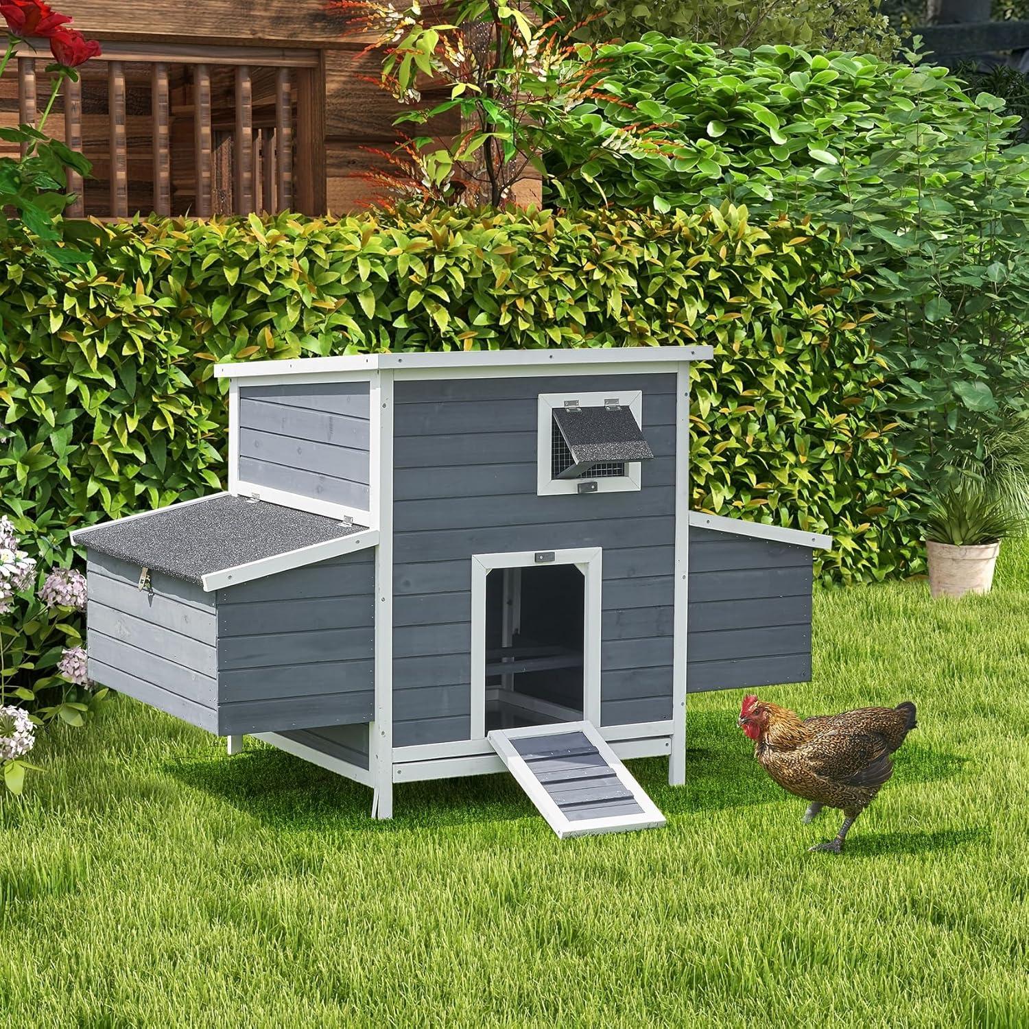 59" Large Chicken Coop for 4-6 Chickens, Wooden Hen House with Large Nesting Boxes, Outdoor Poultry Cage Rabbit Cage with Ramps & Ventilation Window, 59''L*33.5''W*38.6''H