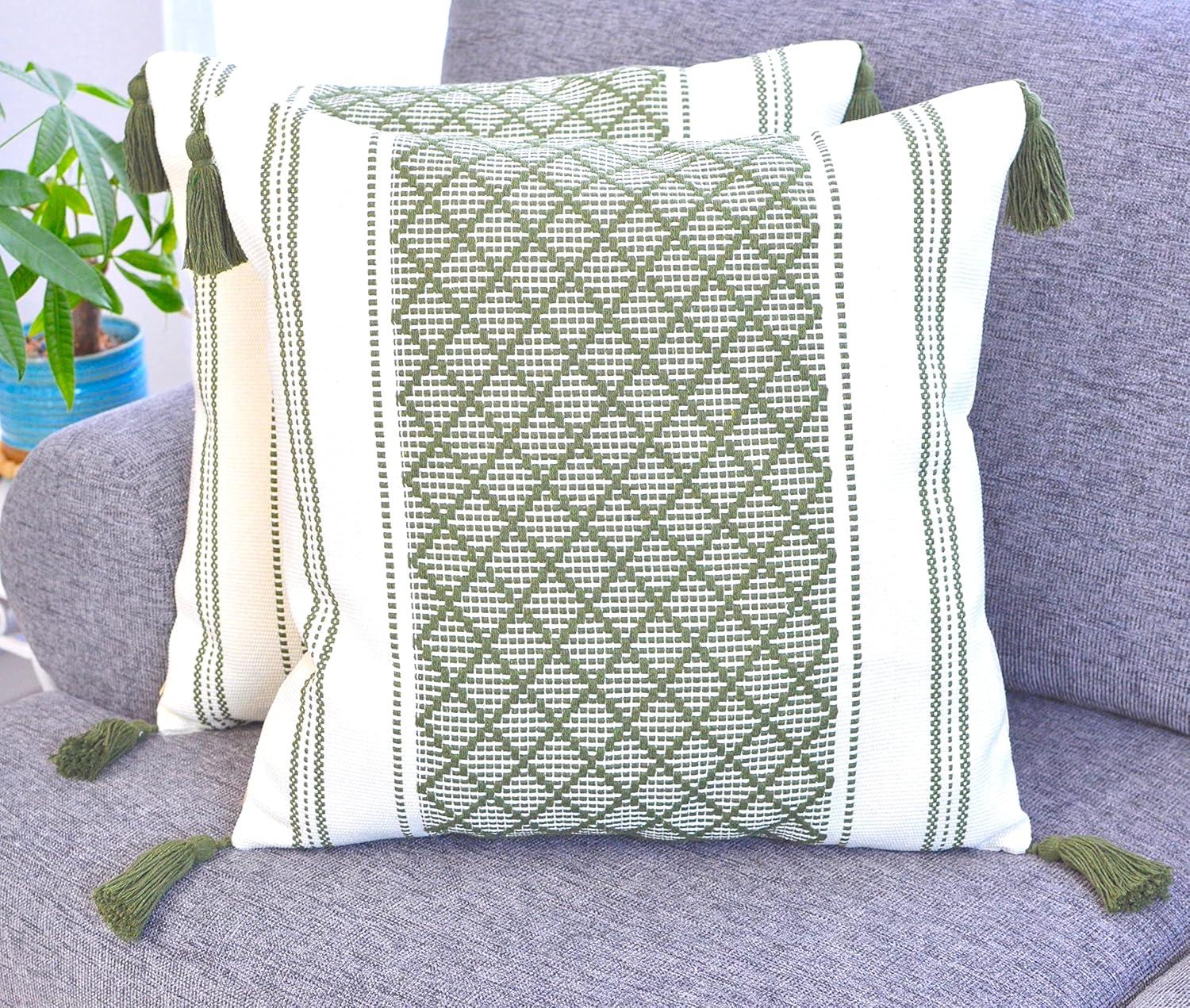 Woven Pillow Covers With Tassels, Geometric Pattern Pillowcases For Outdoor / Indoor (Set of 2)