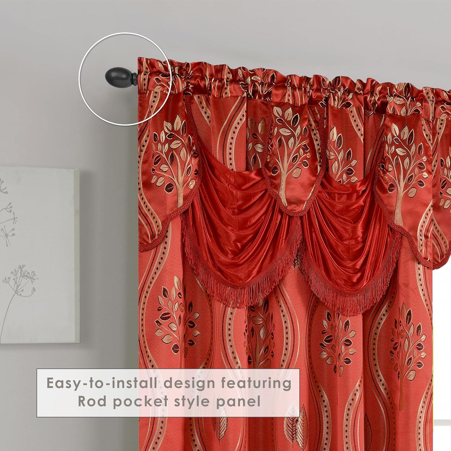 Elegant Comfort Aurora Jacquard Look Curtain Panel Set with Attached Valance 54" X 84 inch (Set of 2), Red