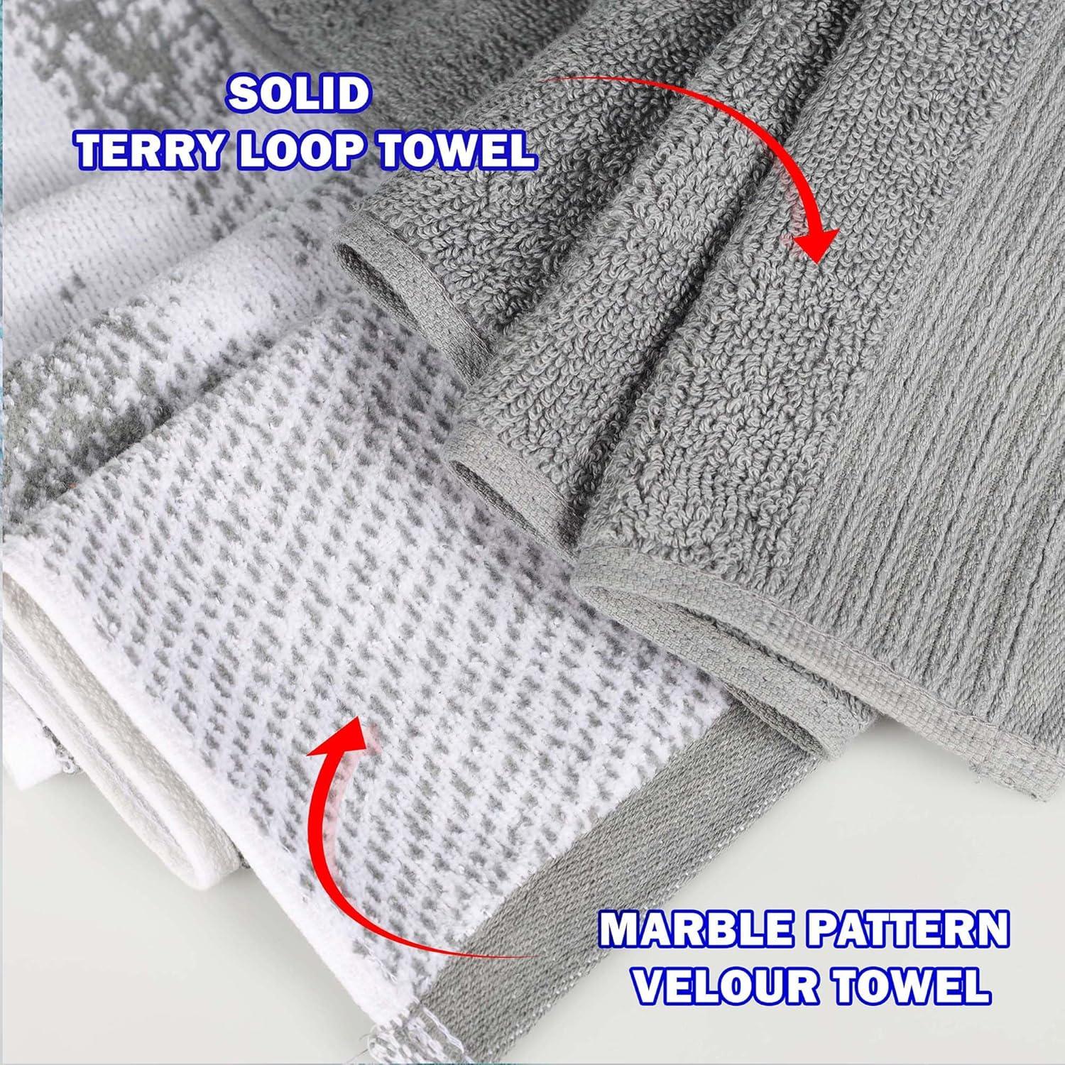 Superior Cotton 8 Piece Assorted Solid and Marble Towel Set, Grey