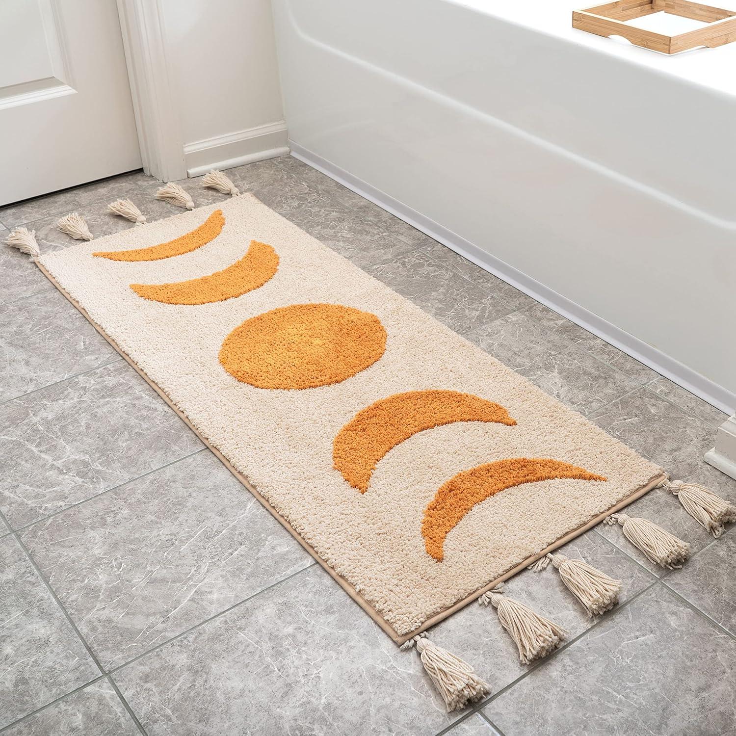 Boho Bathroom Rug Runner Moon Phases Bath Mat with Tassels - Half Moon Bohemian Rugs for Bathroom, Bedroom, Shower Moon Rug for Hippie, Witchy Decor - Boho Area Rug Beige Neutral Creamy Orange 20x50