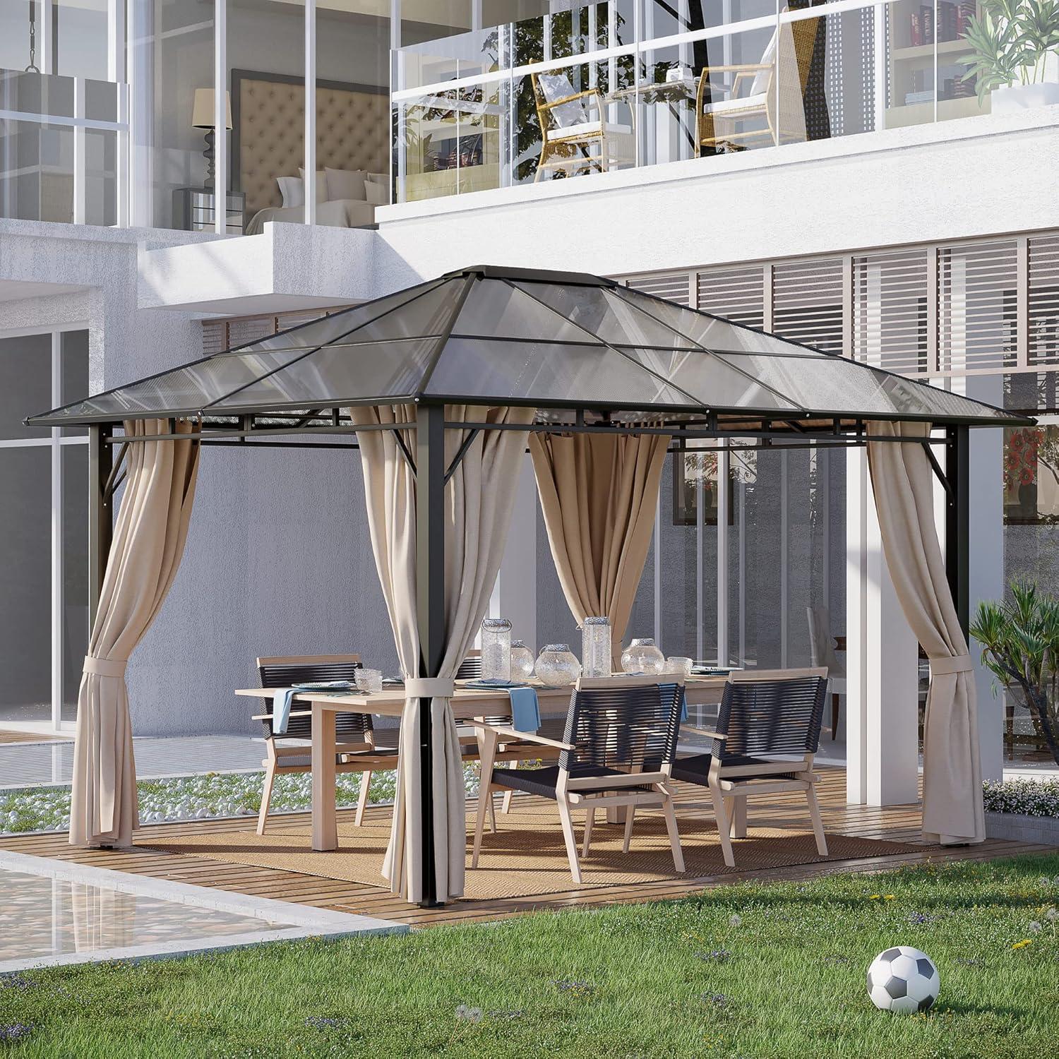 Natural Wood and Steel Hardtop Gazebo with Curtains