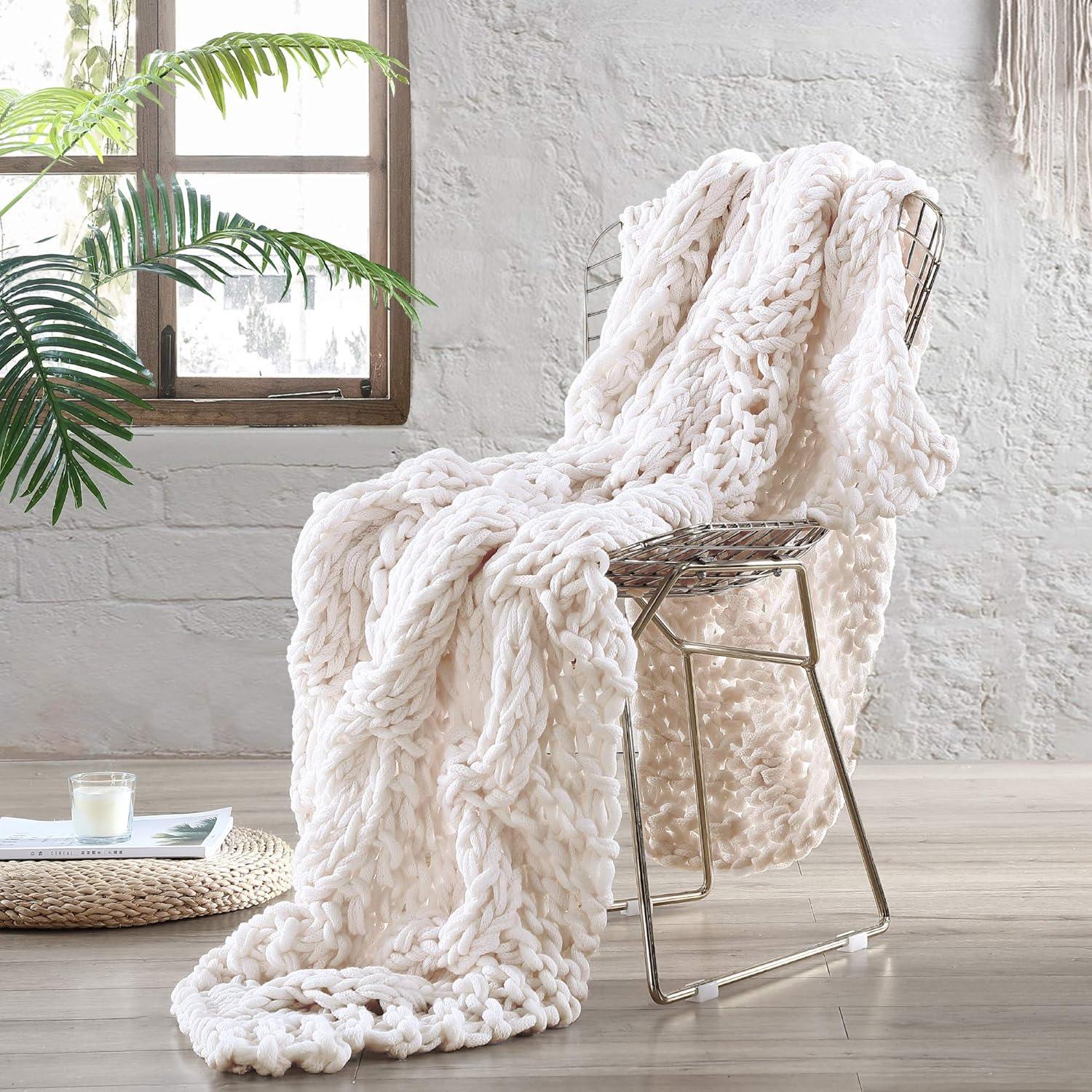 Reversible Chunky Knit Off-White Throw Blanket, 50" x 60"