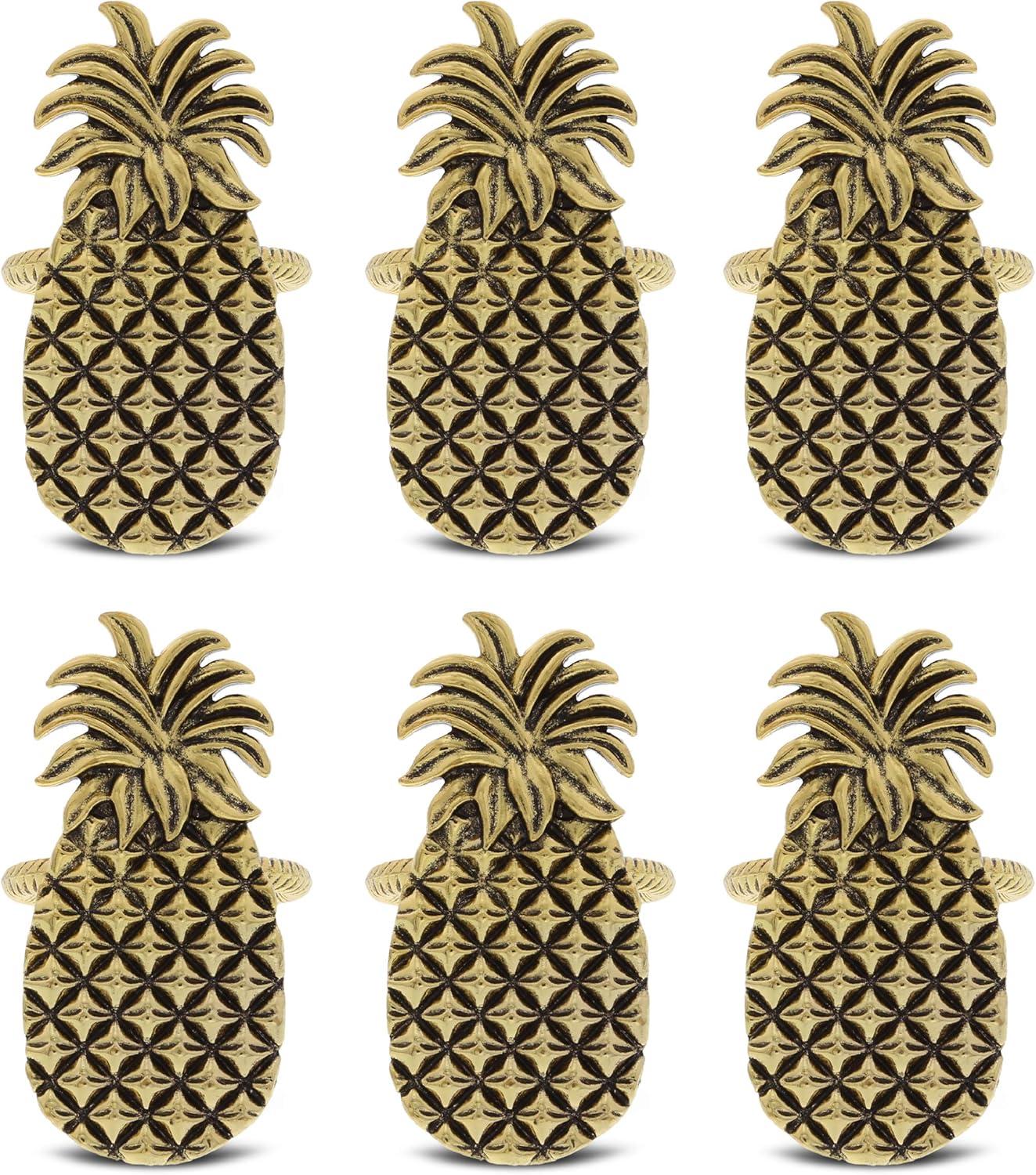 Golden Pineapple Embossed Metal Napkin Rings Set of 6