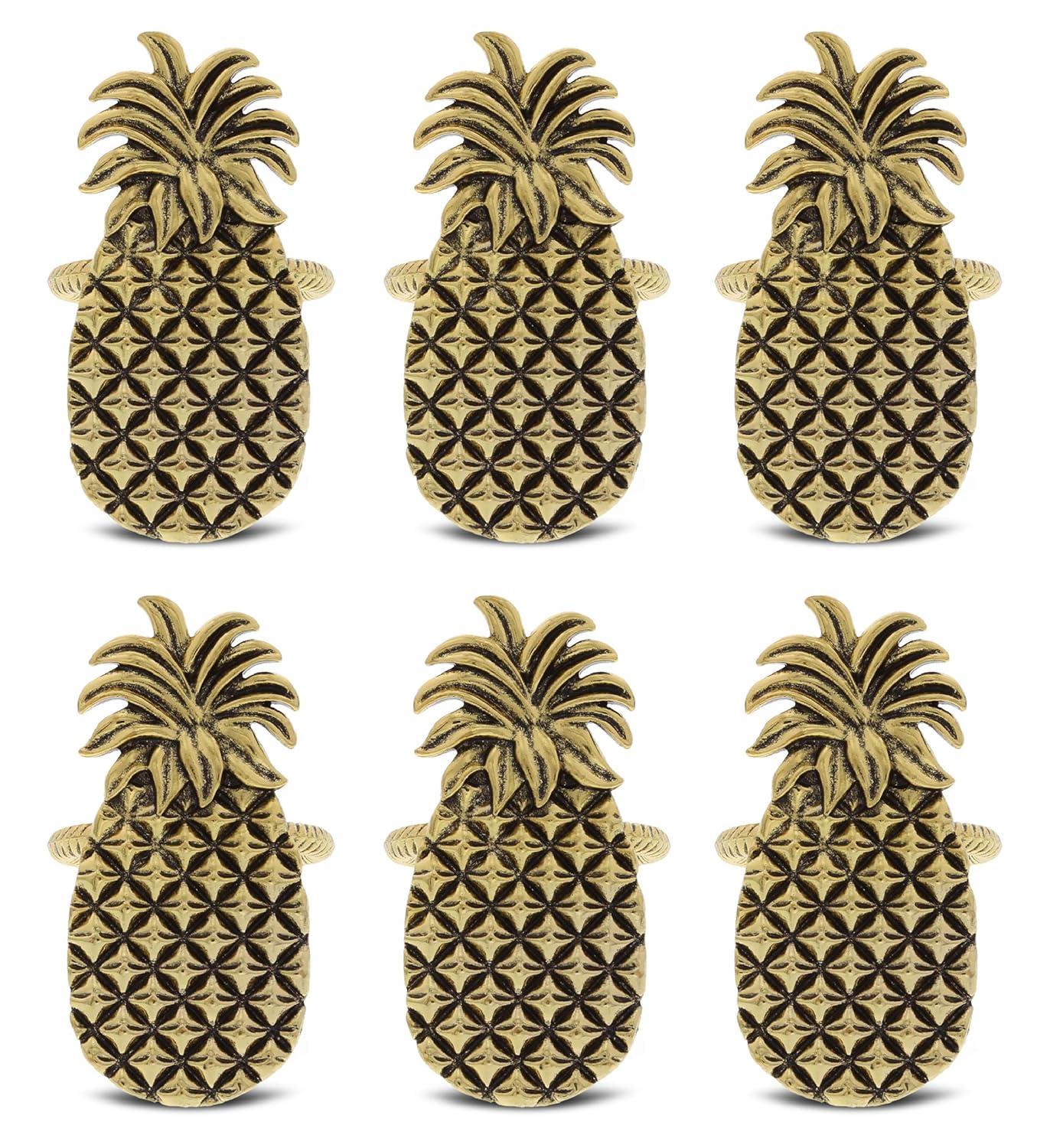 Golden Pineapple Embossed Metal Napkin Rings Set of 6