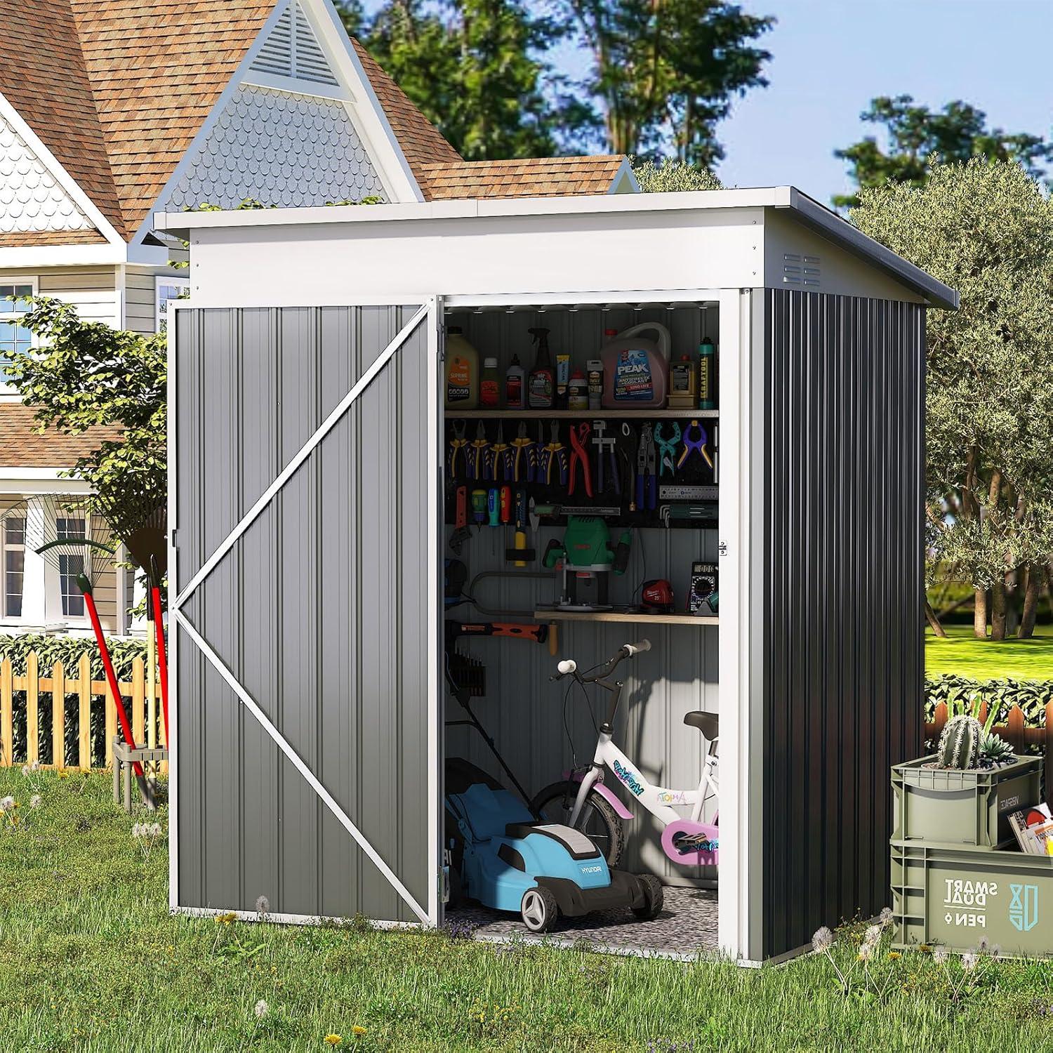 AECOJOY 12' x 10' Outdoor Storage Shed with Lockable Door Patio Metal Garden Storage Building in Dark Gray for Outside