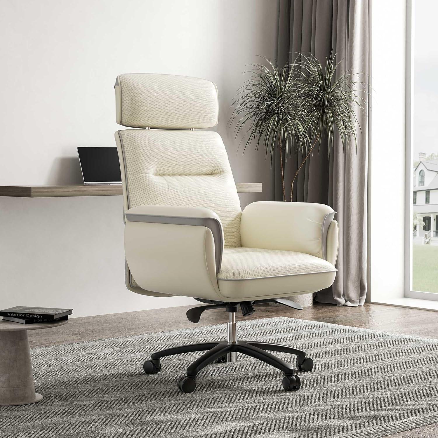 Beige White High Back Swivel Leather Executive Chair