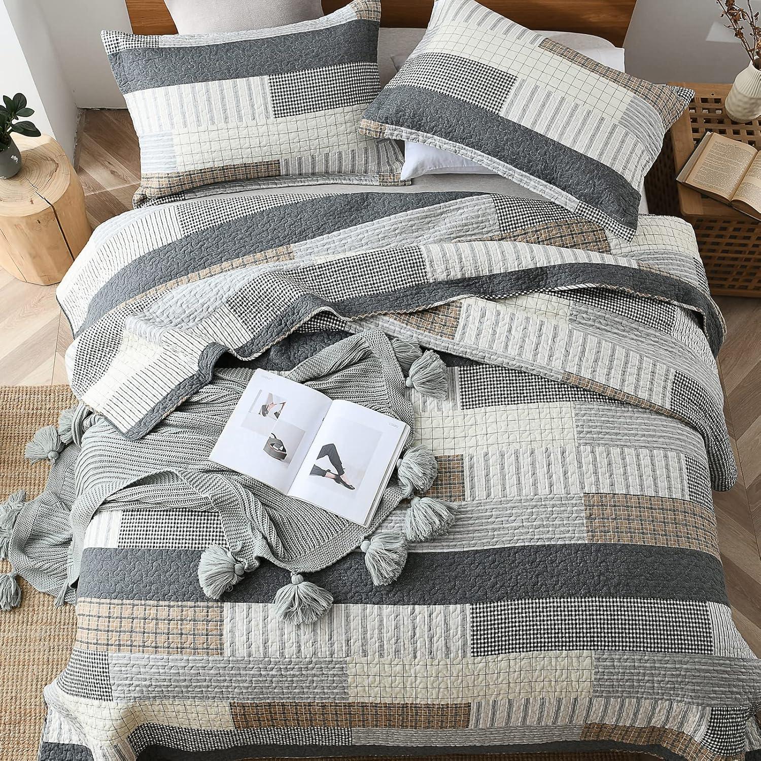 King Size Grey Tan Black Cotton Patchwork Quilt Set