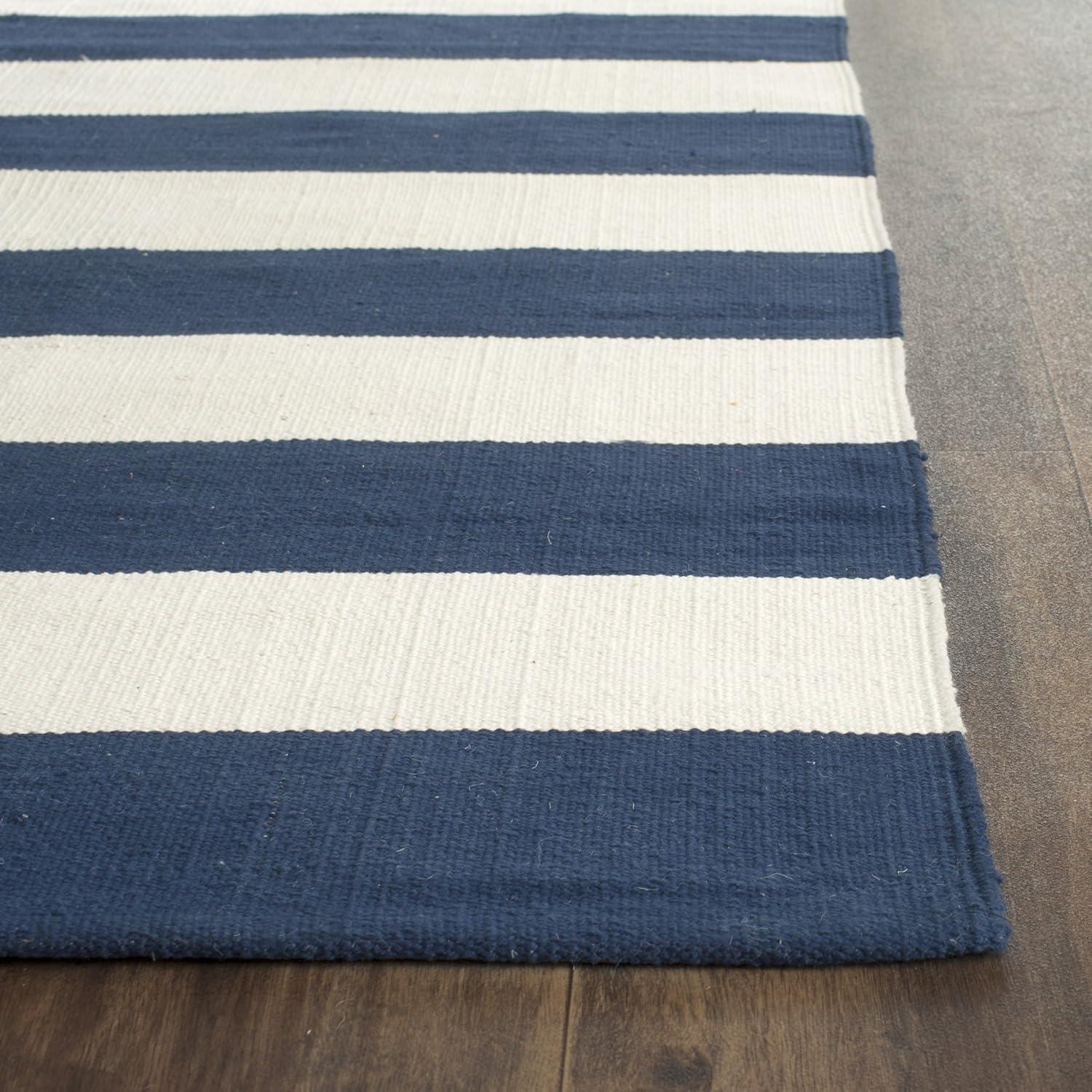 Navy and Ivory Flat Woven Cotton Stripe Square Rug