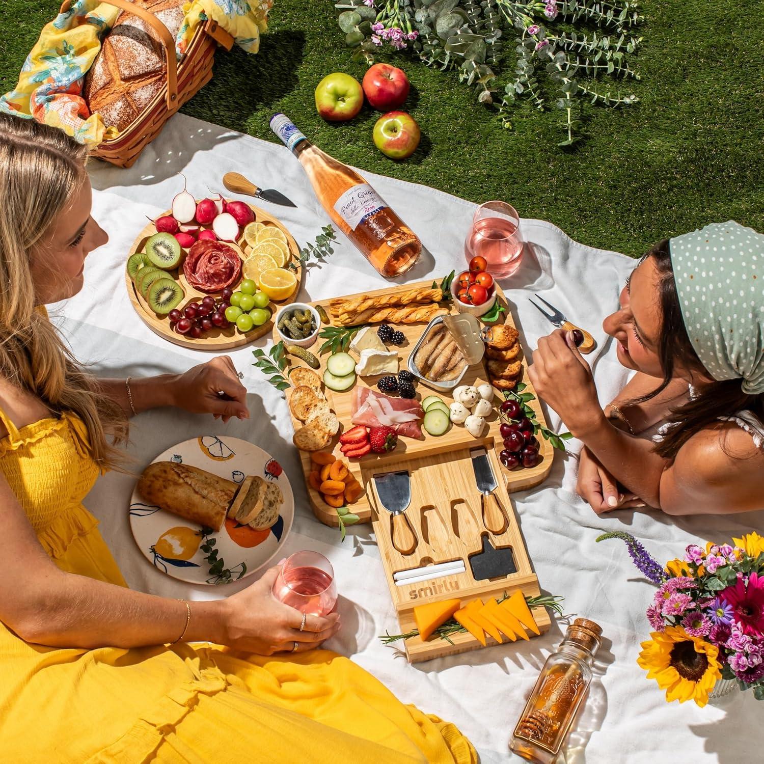 SMIRLY Charcuterie Board Set Large Bamboo Cheese Board with Fruit Tray & 2 Ceramic Bowls