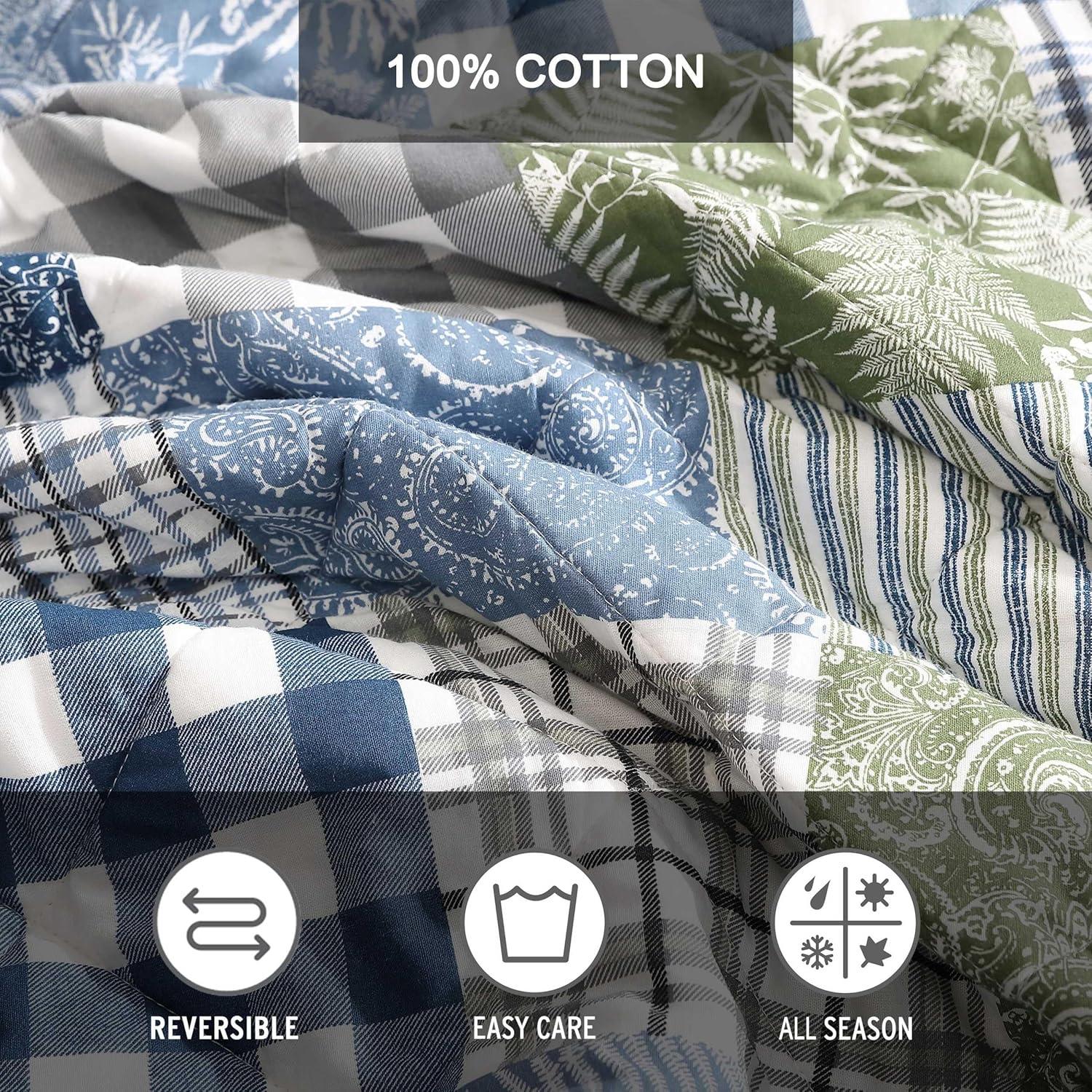 Eddie Bauer Cozy Plaid Patchwork 100% Cotton Quilt Set Blue