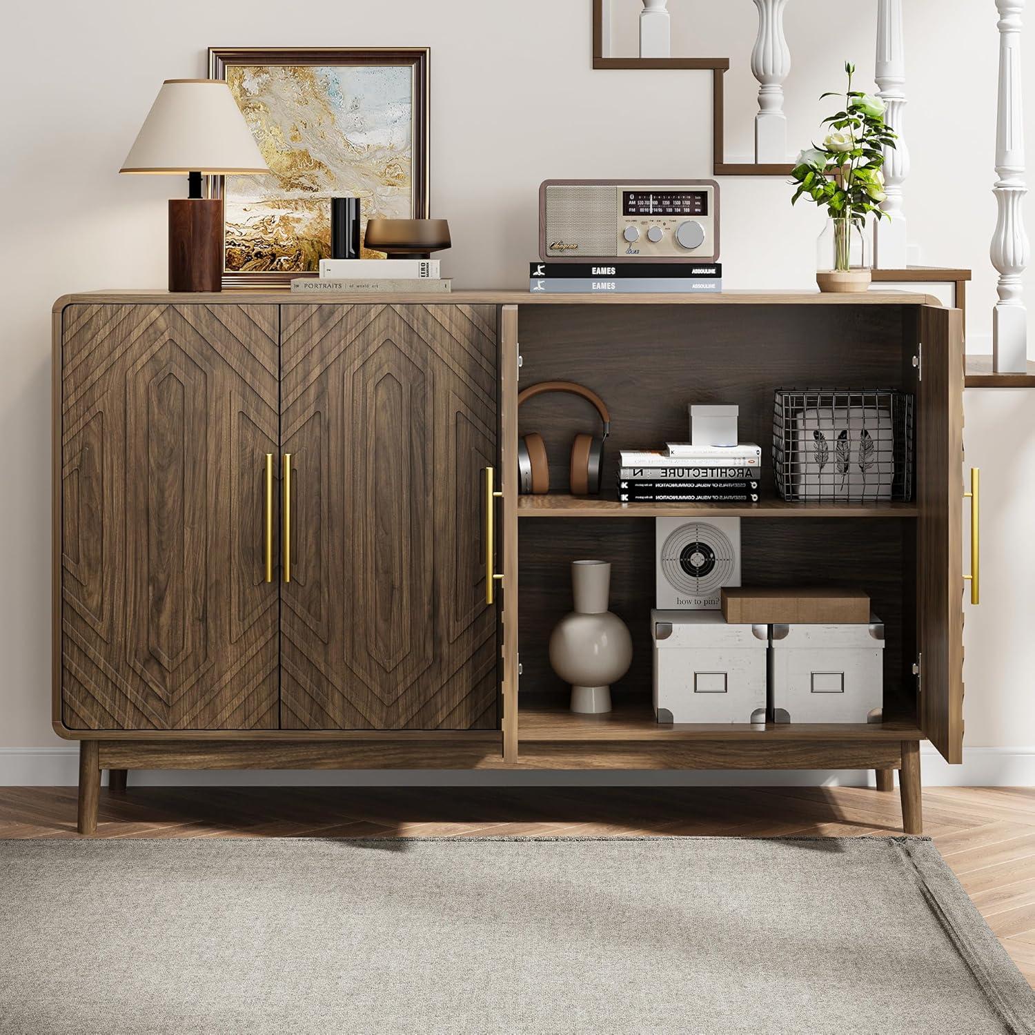 Sideboard Buffet Cabinet with Storage, Farmhouse Style Four-Door Wooden Storage Cabinet, Multifunctional Accent Buffet with Adjustable Layer Board for Kitchen, Dining Room, entryway