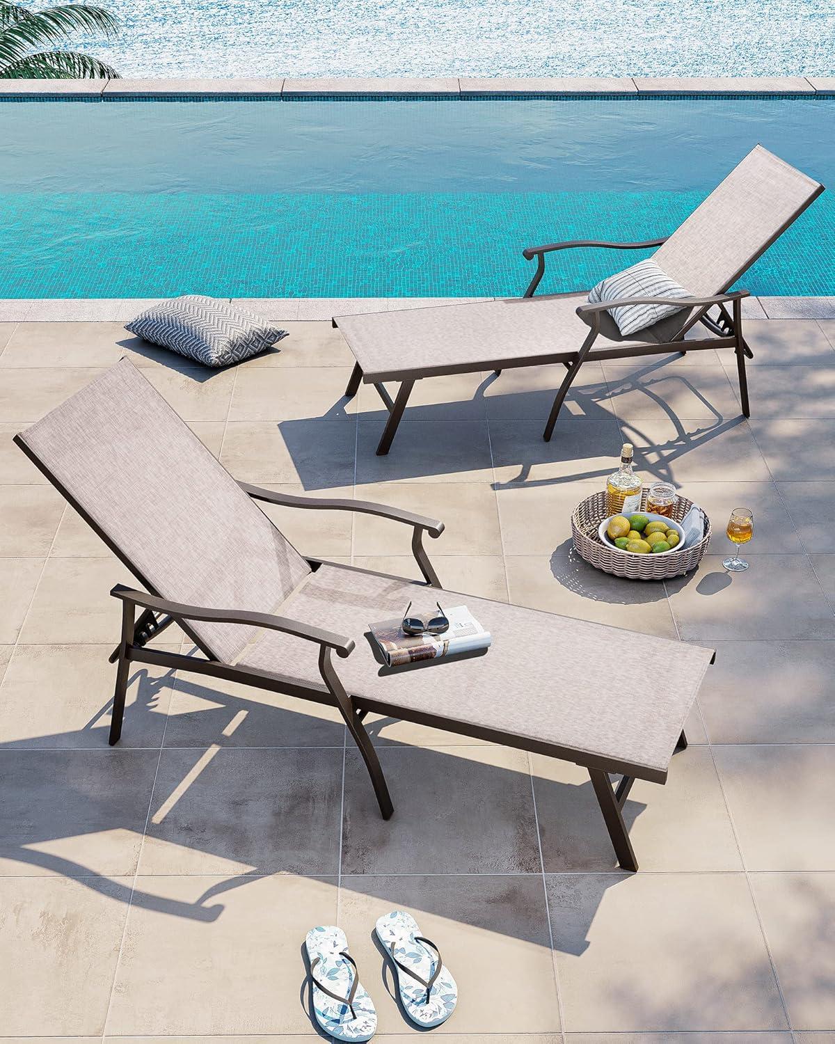 Beige Aluminum Outdoor Chaise Lounge with Armrests, Set of 2