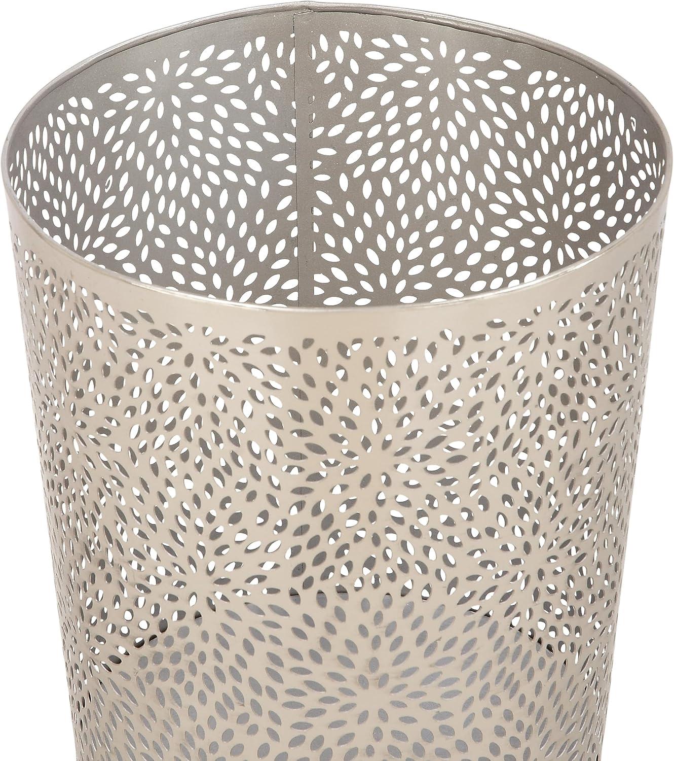 CosmoLiving by Cosmopolitan 9" x 10" Silver Metal Small Waste Bin with Laser Carved Floral Design, 1-Piece