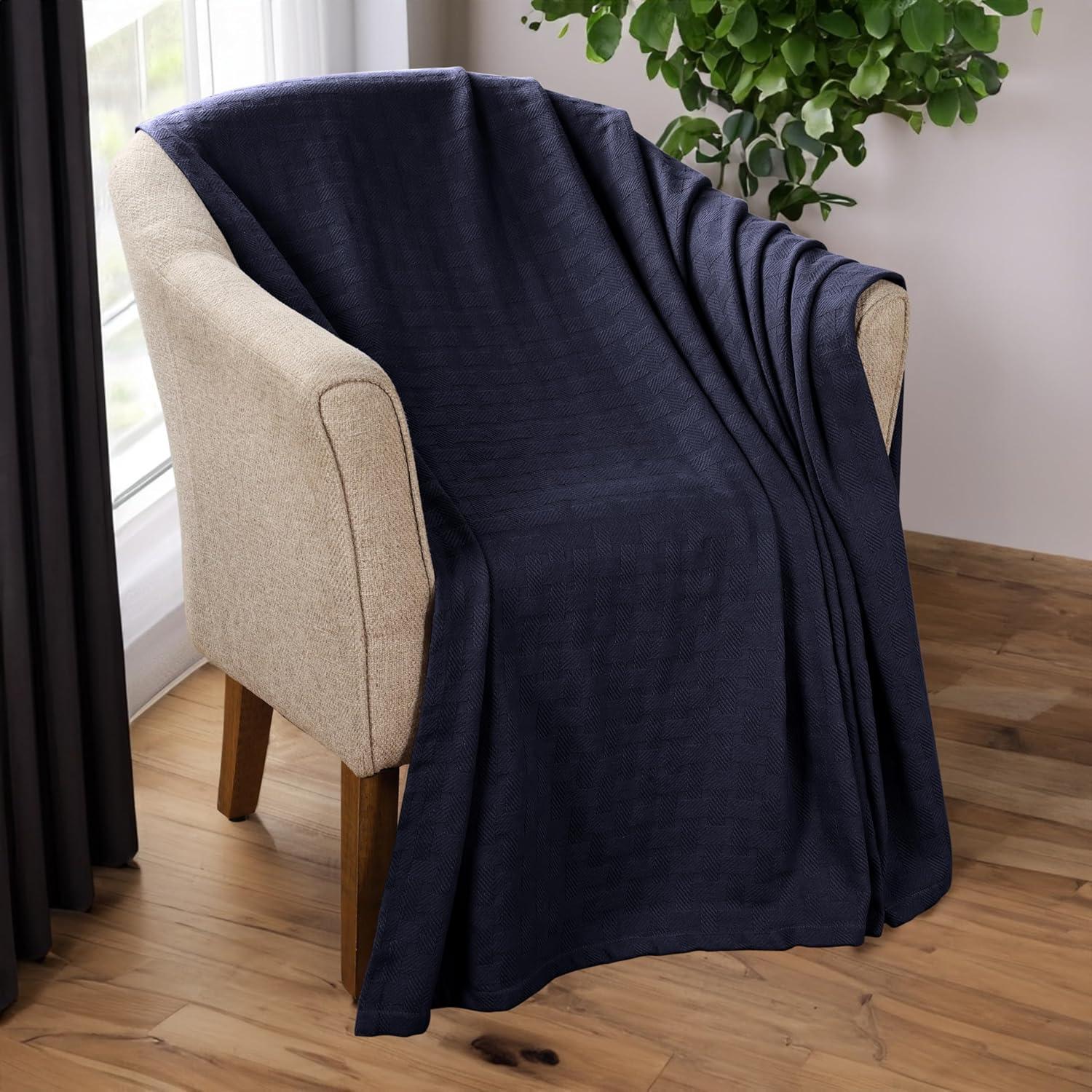 Superior Basketweave All-Season Cotton Blanket, Non-Standard, Navy Blue