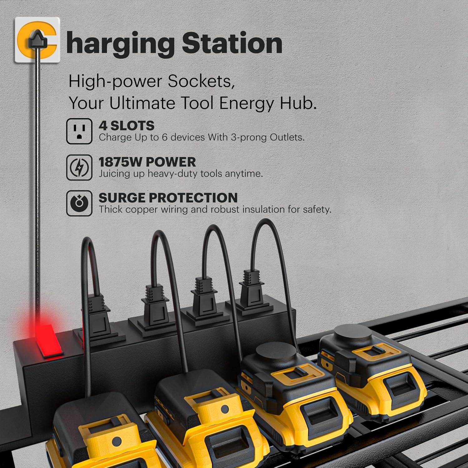 Spampur Power Tool Organizer Wall Mount with Charging Station, Garage Tool Shelf 6 Drill Holders, Tool Battery Holder with Plier holder Heavy Duty Rack, Tool Storage Rack with 4 Outlet Power Strip