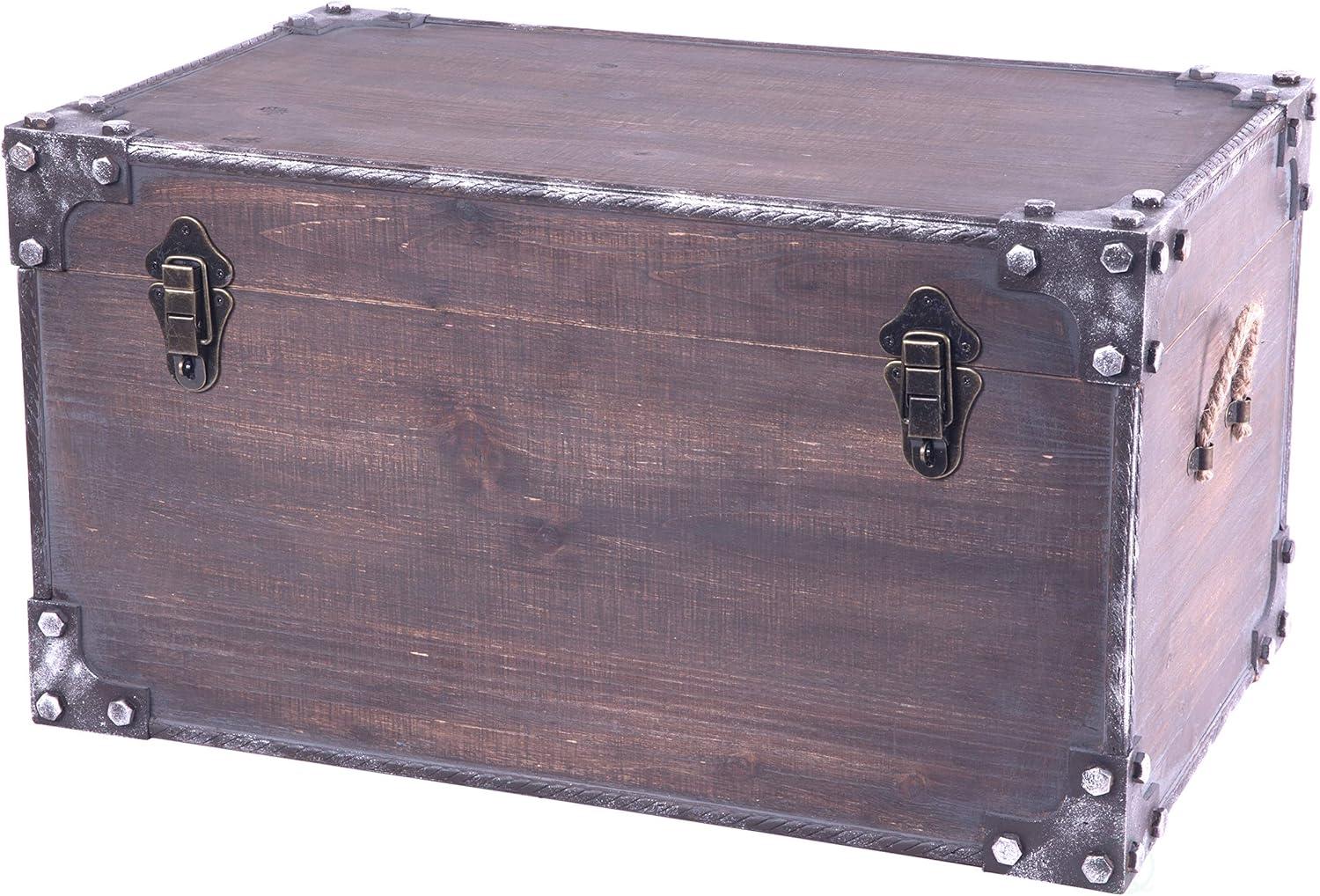 Distressed Dark Brown Wooden Storage Trunk with Metal Accents