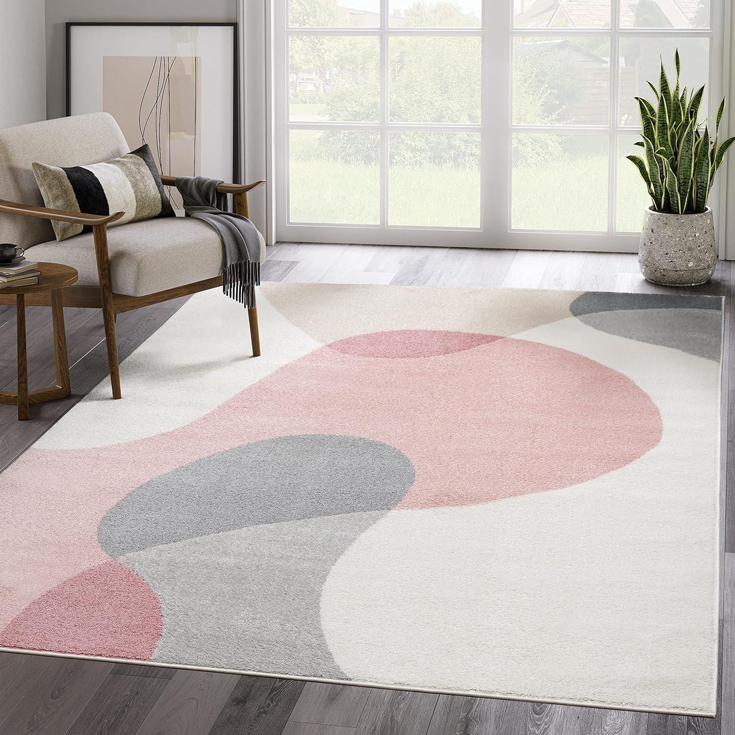 Abani Cream and Pink Geometric Synthetic Area Rug 122" x 93"