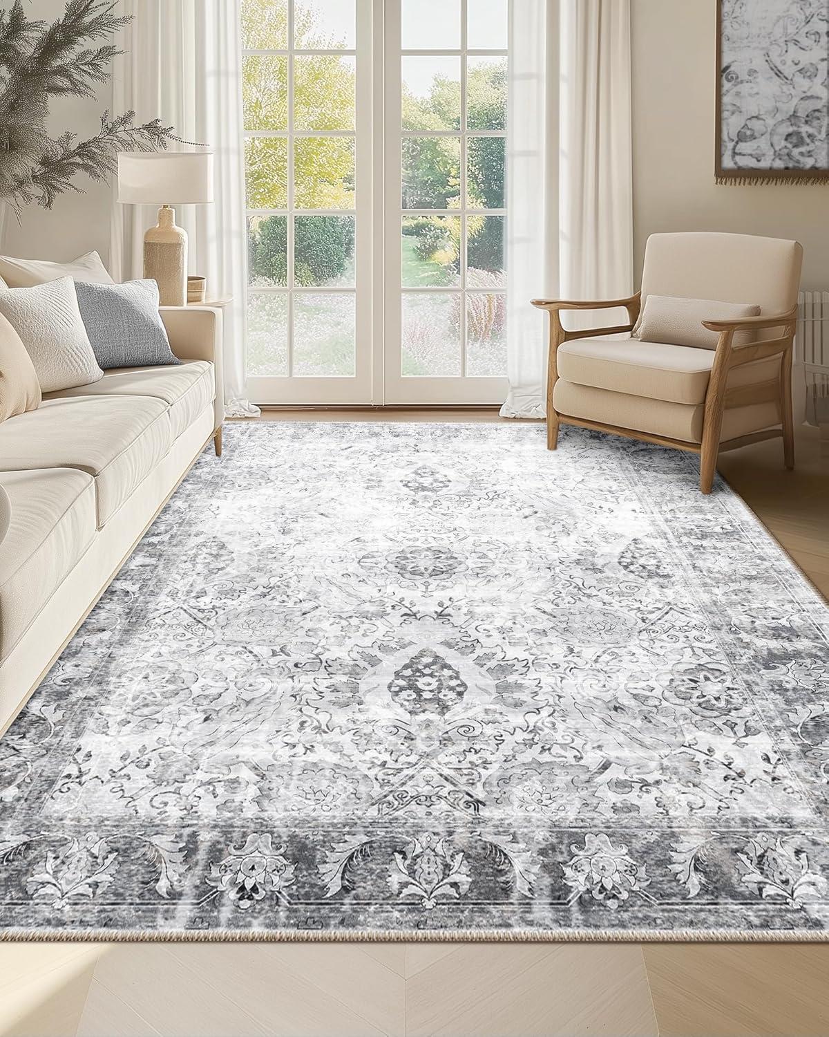 Gray 5' x 7' Vintage Washable Non-Slip Area Rug