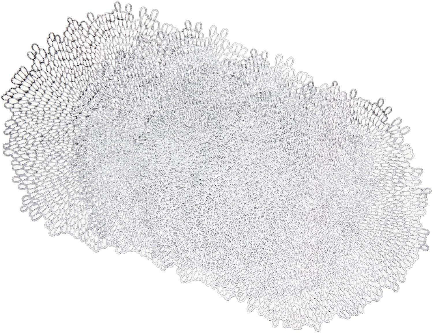Benson Mills Bloom Pressed Vinyl Placemat Set of 4, Kitchen and Dining Table Mats, Special Occasion, Wedding, Everyday, Holiday Table Décor (15.5" Round, Set of 4, Silver)