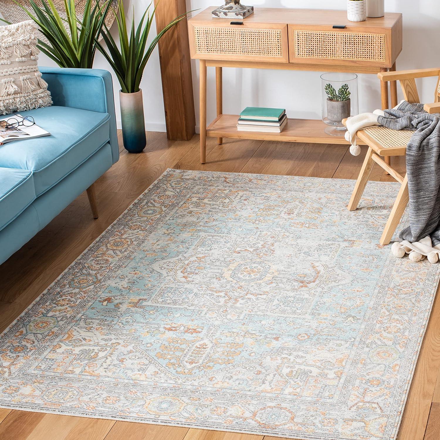 Aqua and Beige Rectangular Synthetic Oriental Area Rug