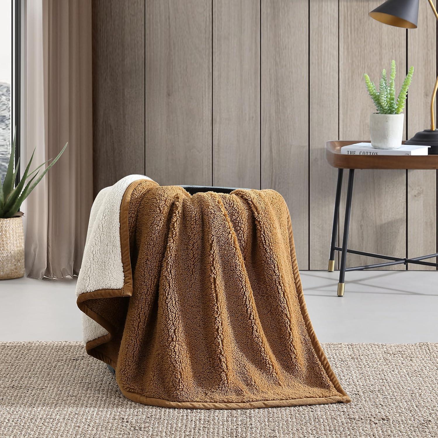 Eddie Bauer Solid Bi Colored Plush Sherpa Throw Blanket