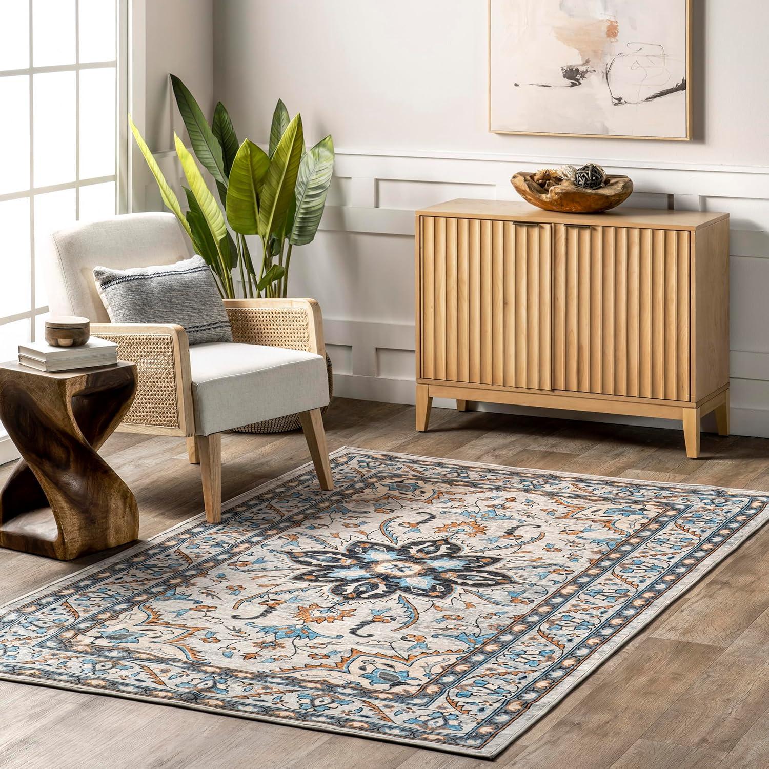 nuLOOM Teshi Floral Medallion Machine Washable Area Rug, 5' x 8', Blue