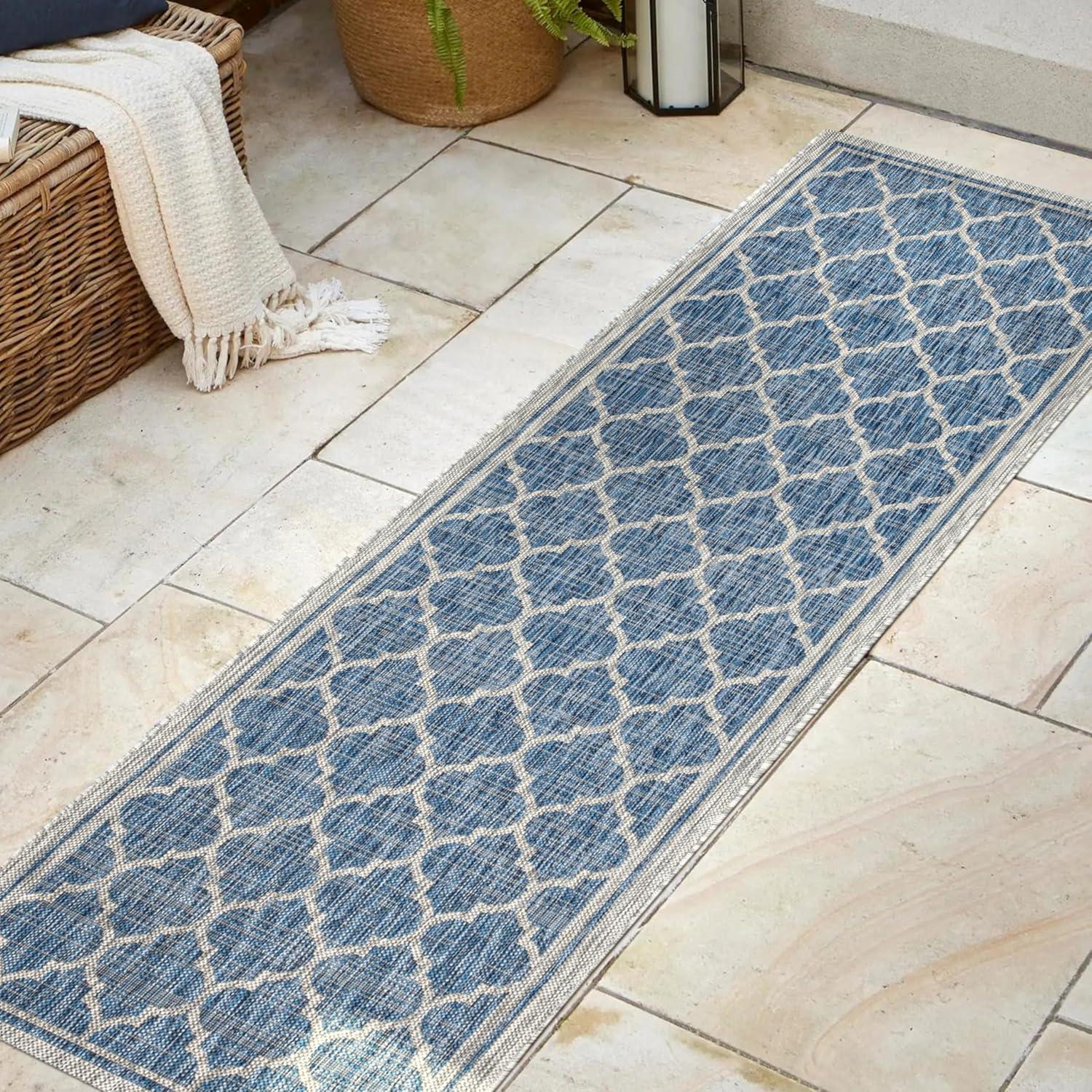 8'x10' Trebol Moroccan Trellis Textured Weave Indoor/Outdoor Area Rug, Navy/Gray - JONATHAN Y