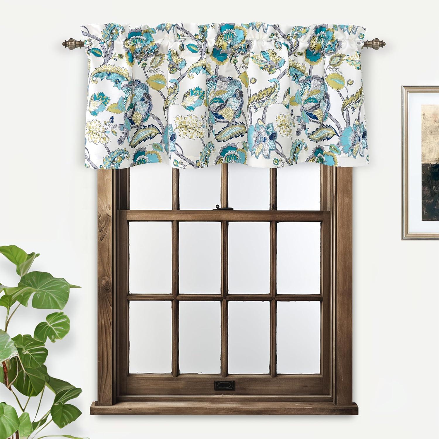 Layla Teal and Ivory Floral Room Darkening Rod Pocket Valance