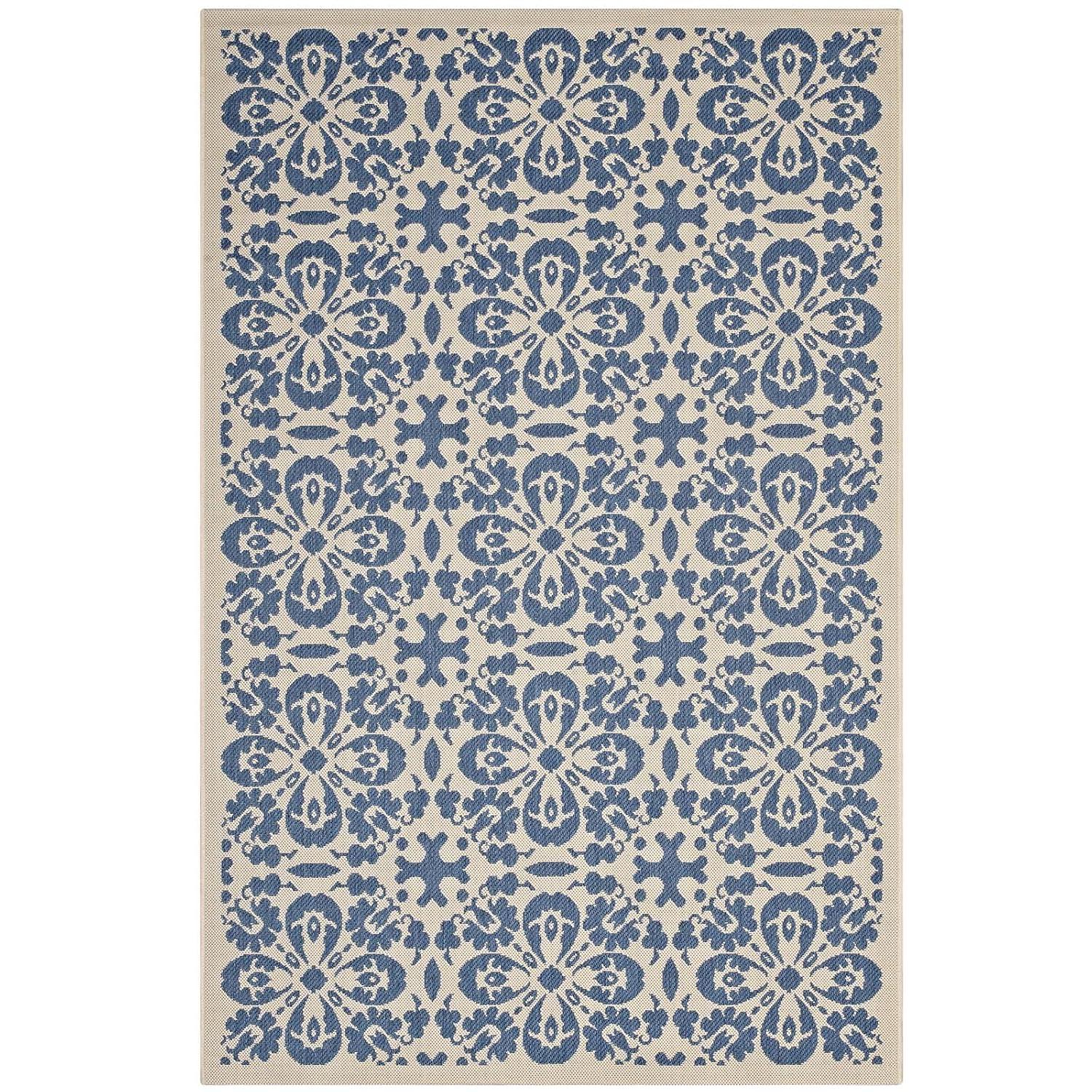 Modway Ariana Vintage Floral Trellis 9x12 Indoor and Outdoor Area Rug – Blue and Beige – Large Weather-Resistant Low Pile Rug for Patio or Living Room