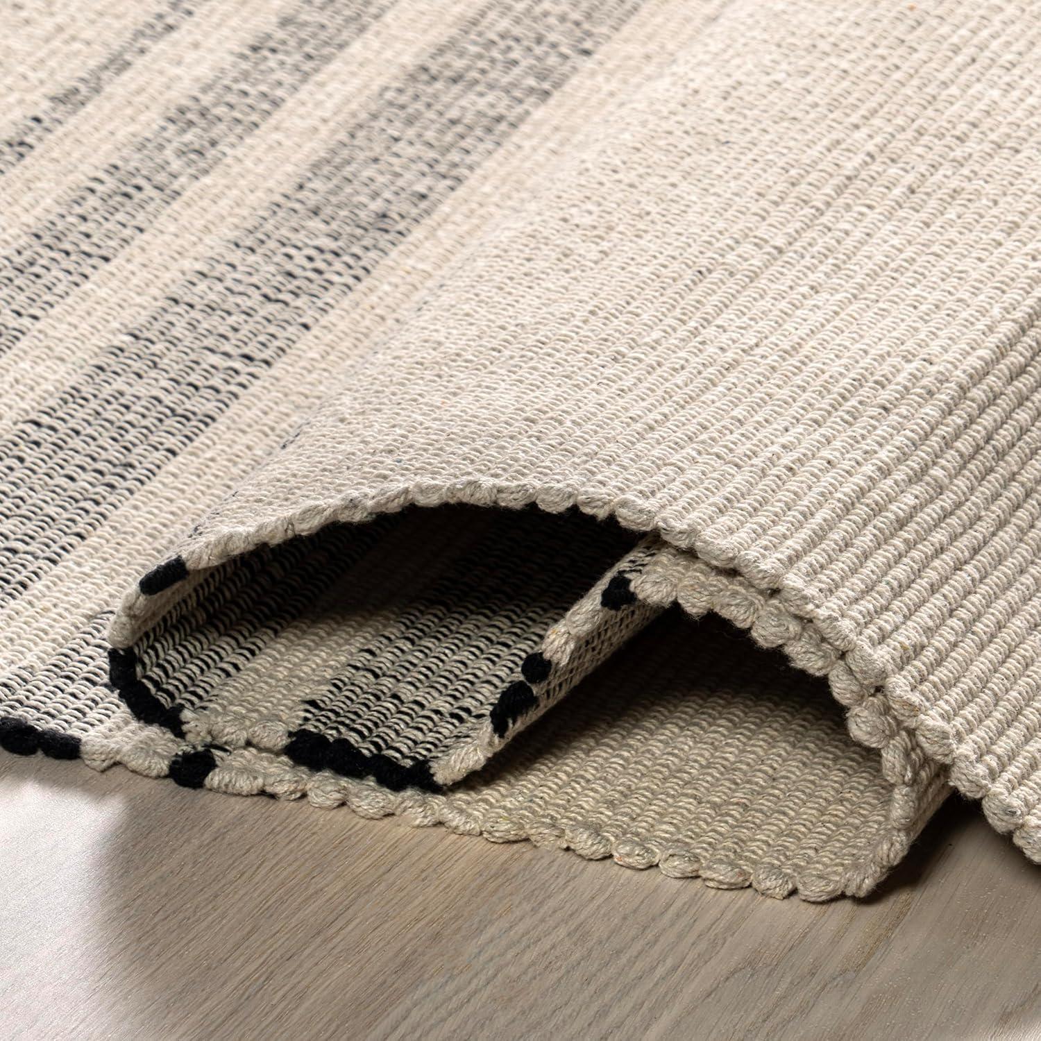 Beige and Gray Striped Cotton 9' x 12' Handmade Area Rug