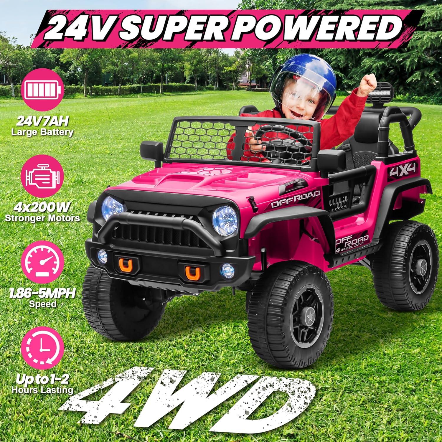 Ancheer 24V Real 2 Seater Ride On Toys Electric SUV Jeep Car With Remote Control,2WD/4WD Switchable, 4X100W Motor, Bluetooth, Music, USB, Lights