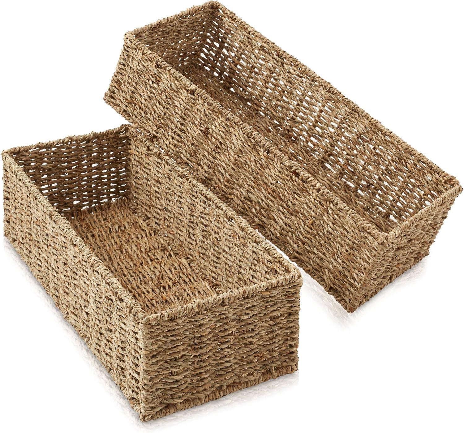 Casafield Bathroom Storage Baskets - Set of 2, Natural - Seagrass, 16" W  x 6.75" D x 4.25" H, Woven Toilet Paper, Tissue, Shelving Bins