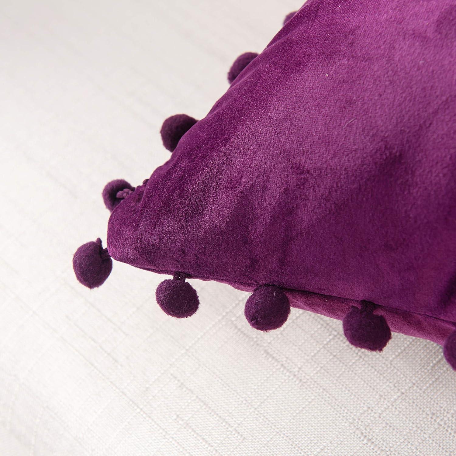 Elegant Comfort POM-POMS Fringe Velvet Cushion Covers Set of 2, Velvet Soft Solid Decorative Square Throw Pillow Covers Set Cushion Case for Couch Bed, Livingroom 18 x 18 Inch (45 x 45 cm), Purple