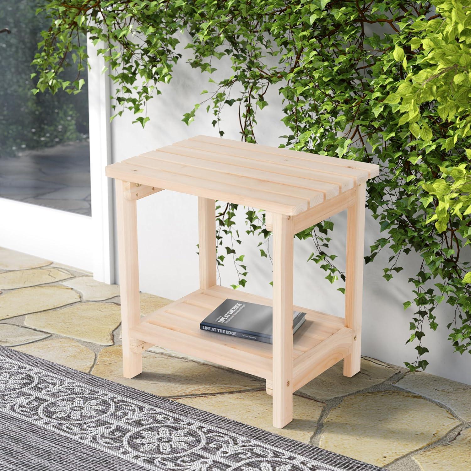 Natural Cedar Rectangular Outdoor Side Table with Shelf