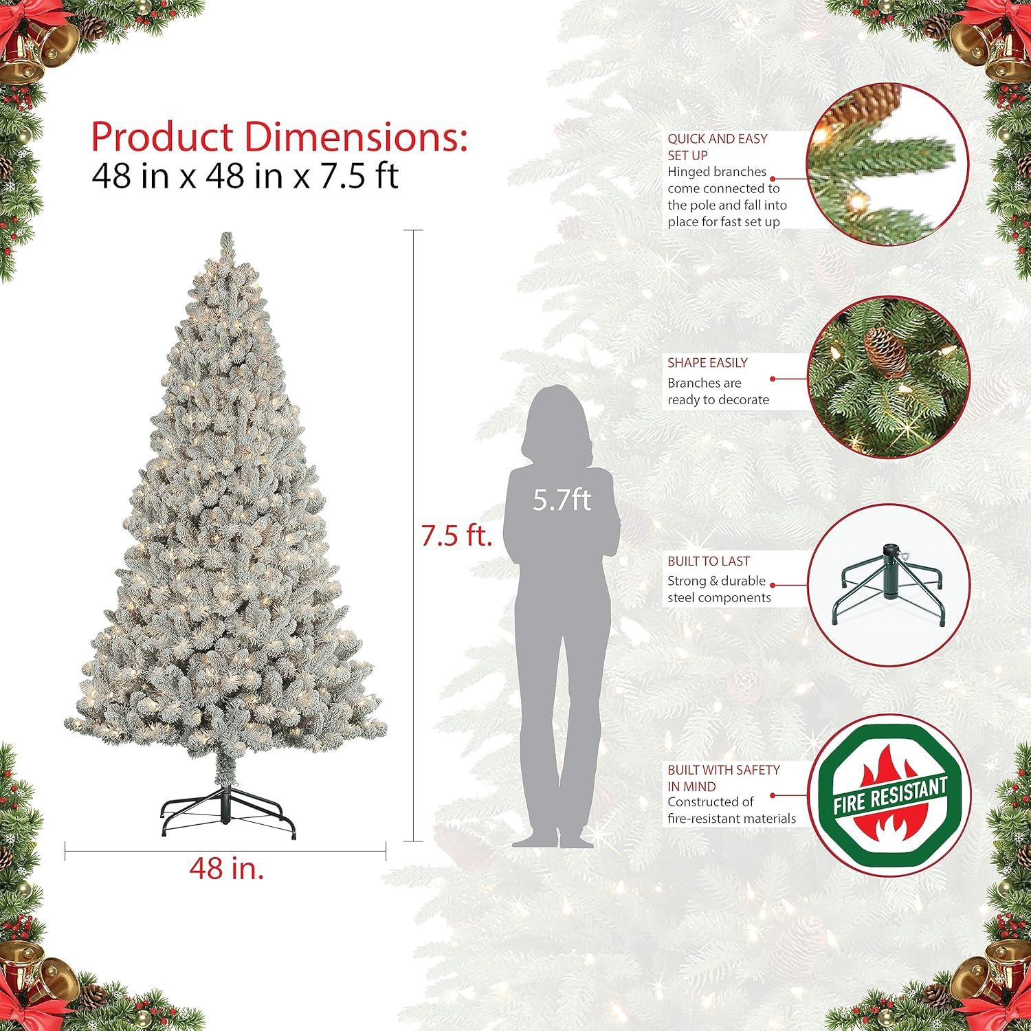 7.5' Flocked Virginia Pine Artificial Christmas Tree with Multi-Color LED Lights