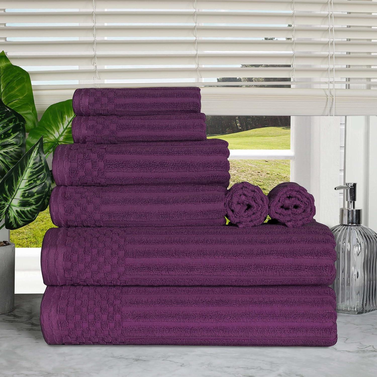 Superior Soho Cotton Ribbed Checkered 8 Piece Towel Set, Plum