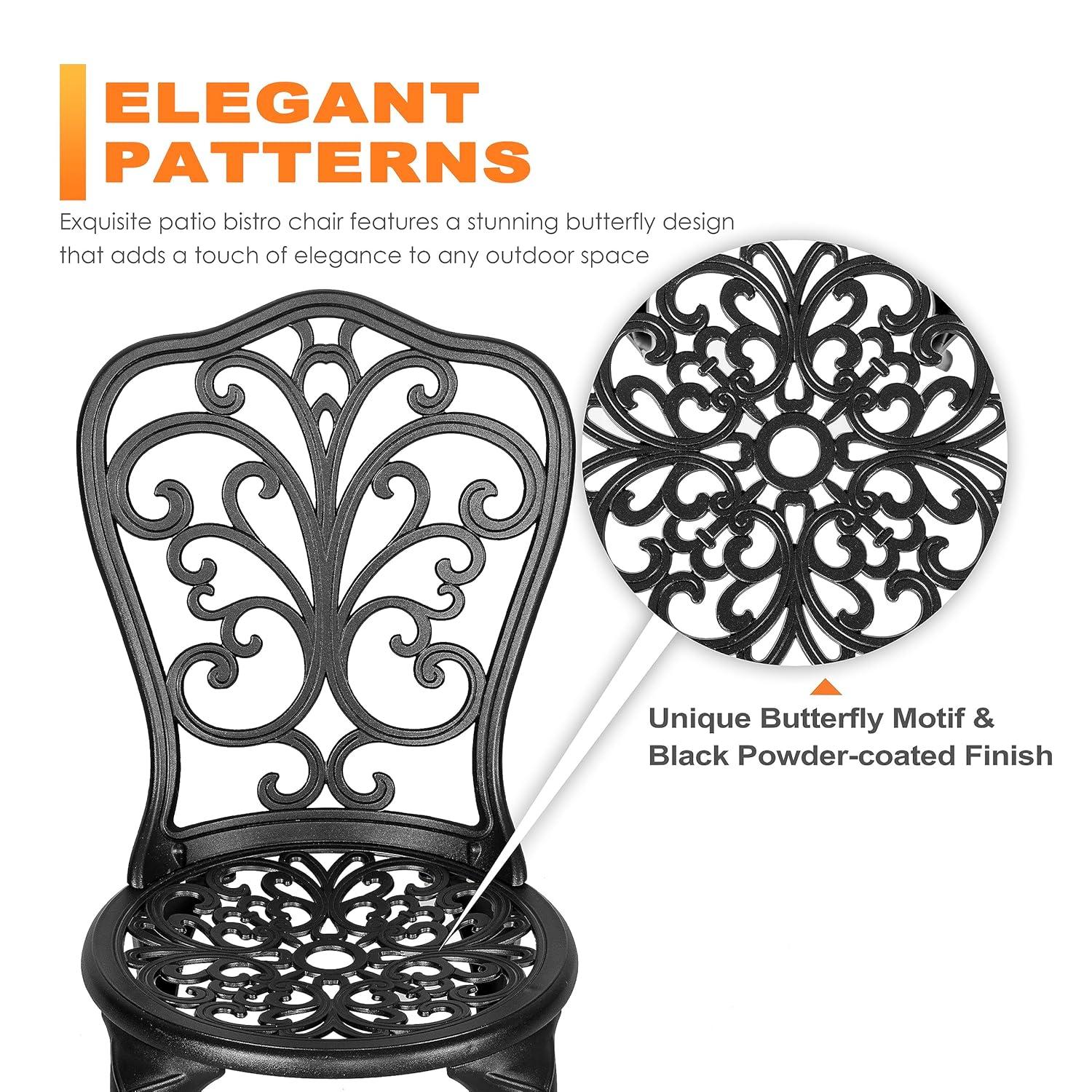 Nuu Garden 3-Piece Patio Bistro Set, Outdoor Cast Aluminum Bistro Table and Chairs Set of 2, Outdoor Patio Dining Set with Umbrella Hole for Patio Balcony, Black