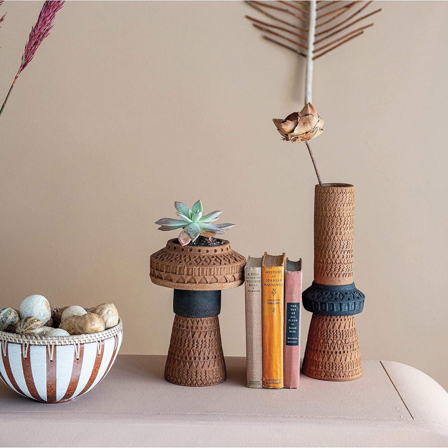 Bloomingville Handmade Debossed Terra-cotta Vase, Terra-cotta Color & Black