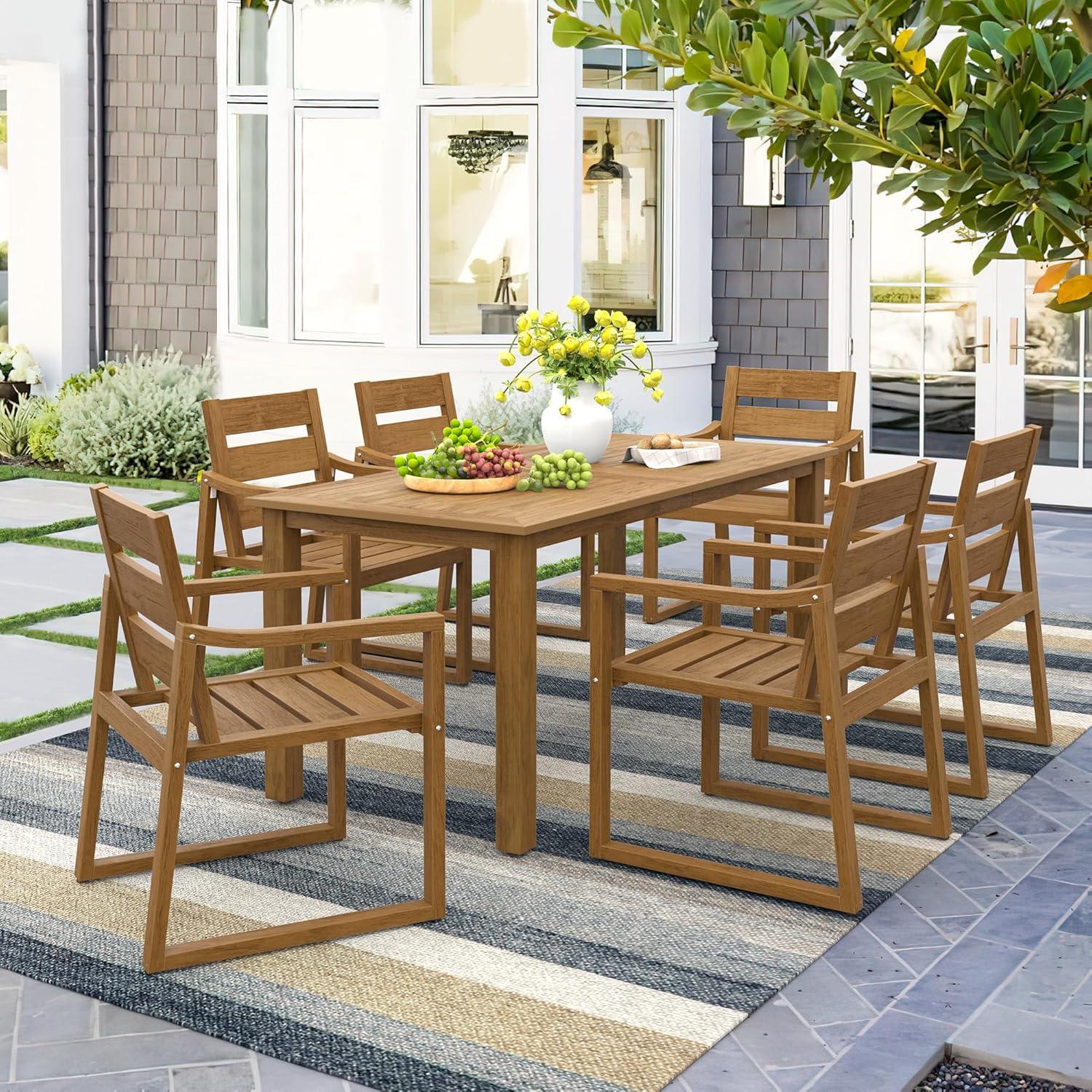 7-Piece Brown Recycled Plastic HDPS Outdoor Dining Set All Weather Indoor Outdoor Patio Table and Chairs with Armrest