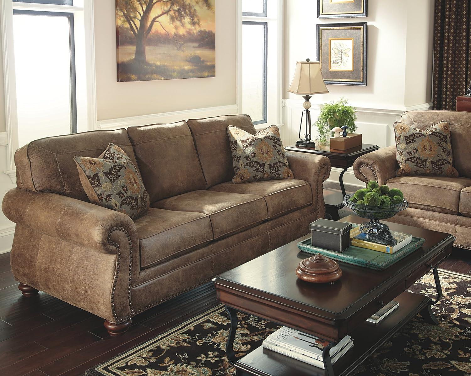 Traditional Brown Leather Sofa with Rolled Arms and Nailhead Trim