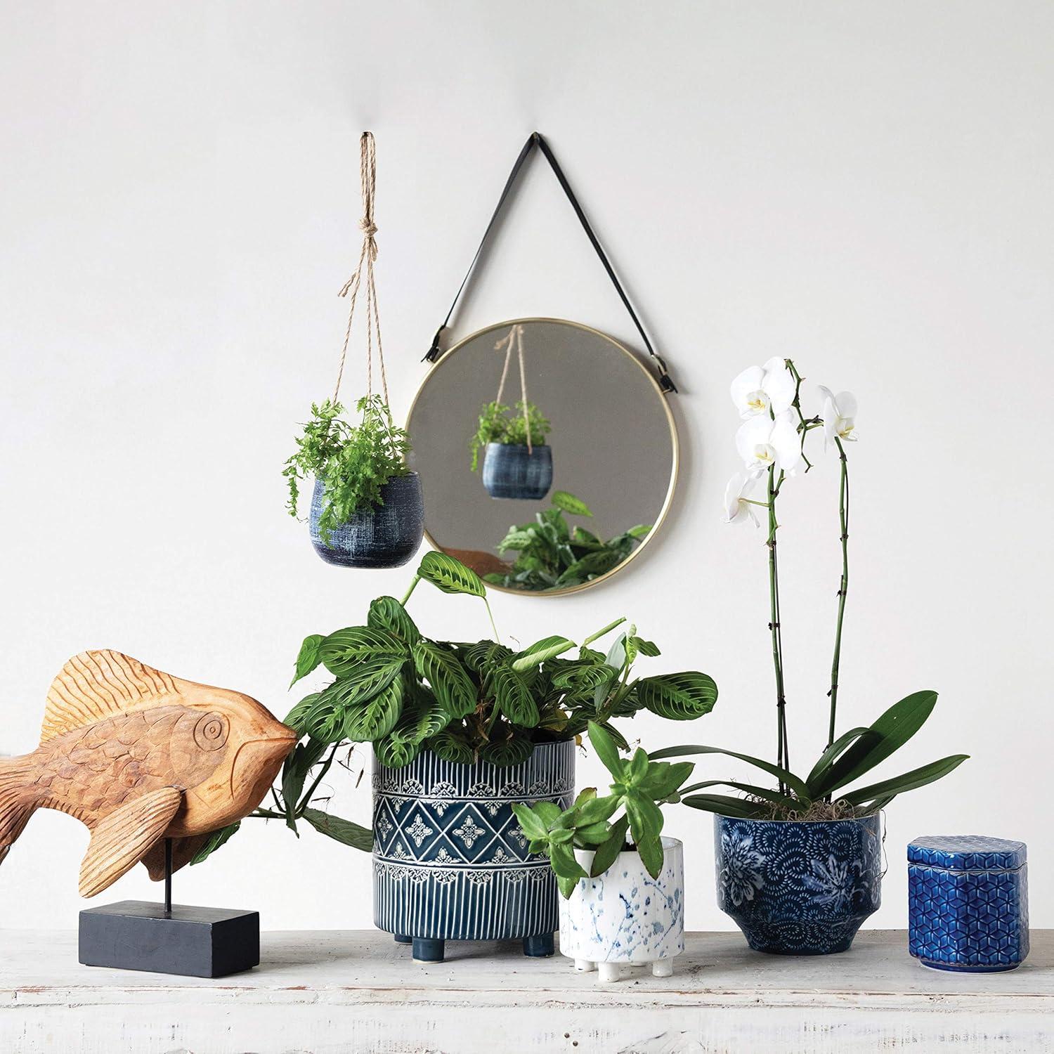 White and Blue Stoneware Footed Planter with Splatter Design