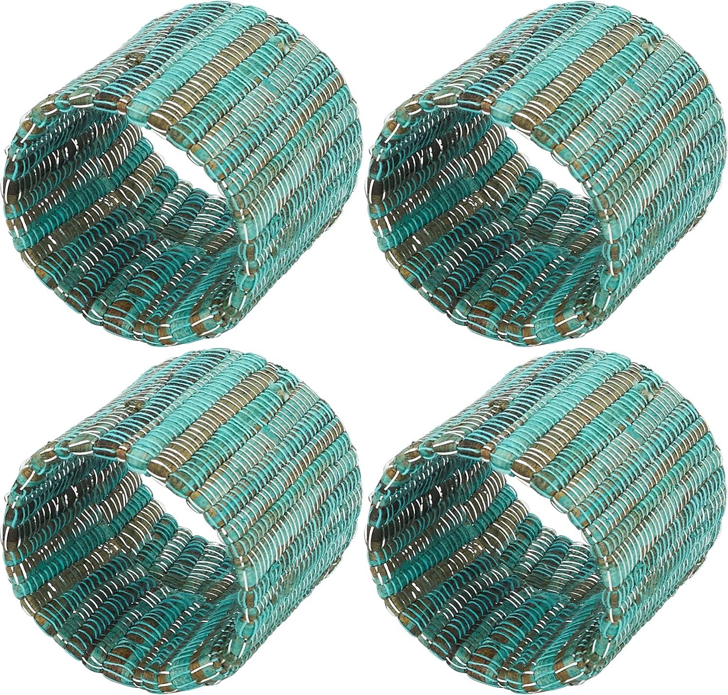 Saro Lifestyle Napkin Rings With Shimmering Woven Nubby Design (Set of 4), Turquoise, 1.5"