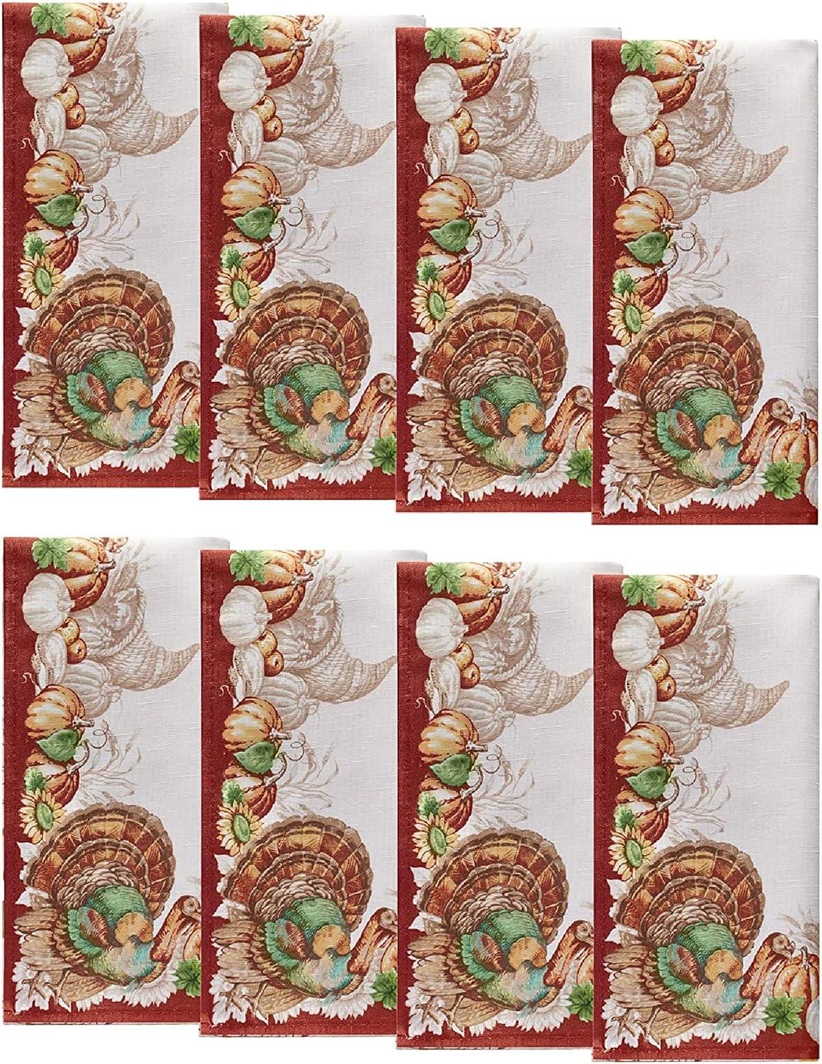 Holiday Turkey Bordered Fall Napkins, Set of 8 - 17" x 17" - White/Red