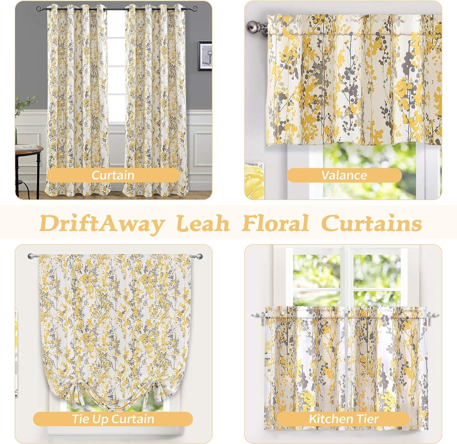 DriftAway  Leah Abstract Floral Blossom Ink Painting Pattern Tie Up Curtain 40 - 49 Inches 63 Inches Golden Yellow/Gray 45" width x 63" length