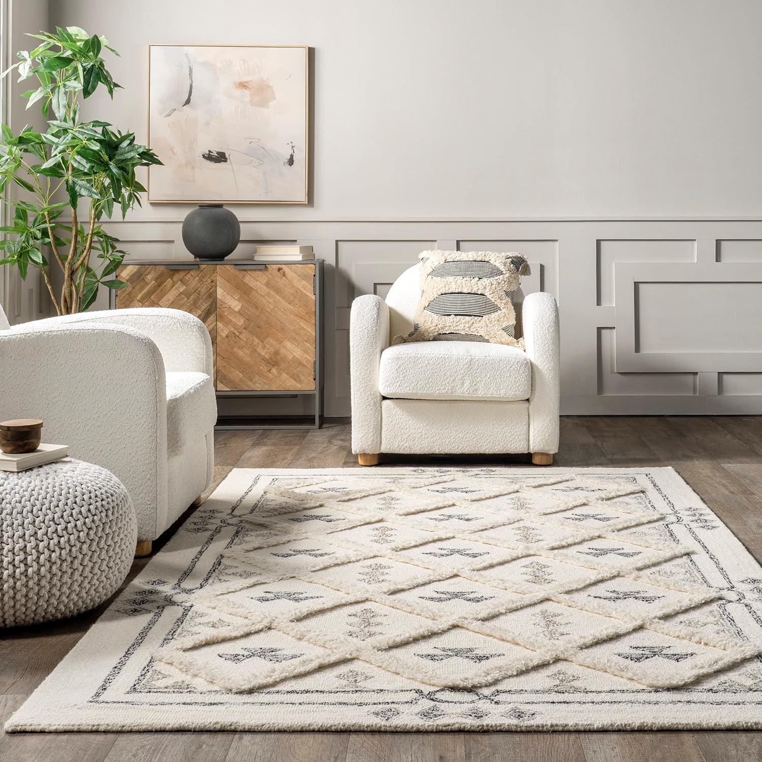 Nuloom Nadette Geometric 5x8 Wool Indoor Area Rug for Living Room Bedroom Dining Room Kitchen, Ivory