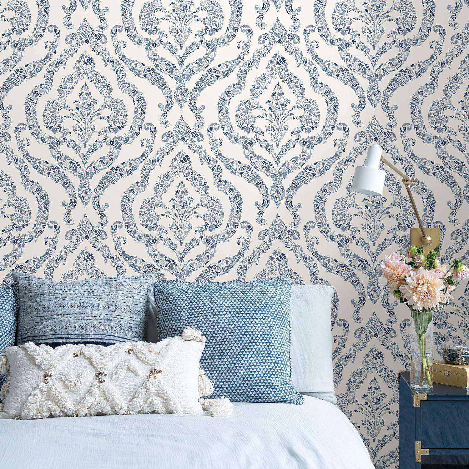 NuWallpaper Guildford Peel and Stick Wallpaper Blue: Removable Vinyl, Self-Adhesive, Smooth Finish, 28.2 Sq Ft Coverage