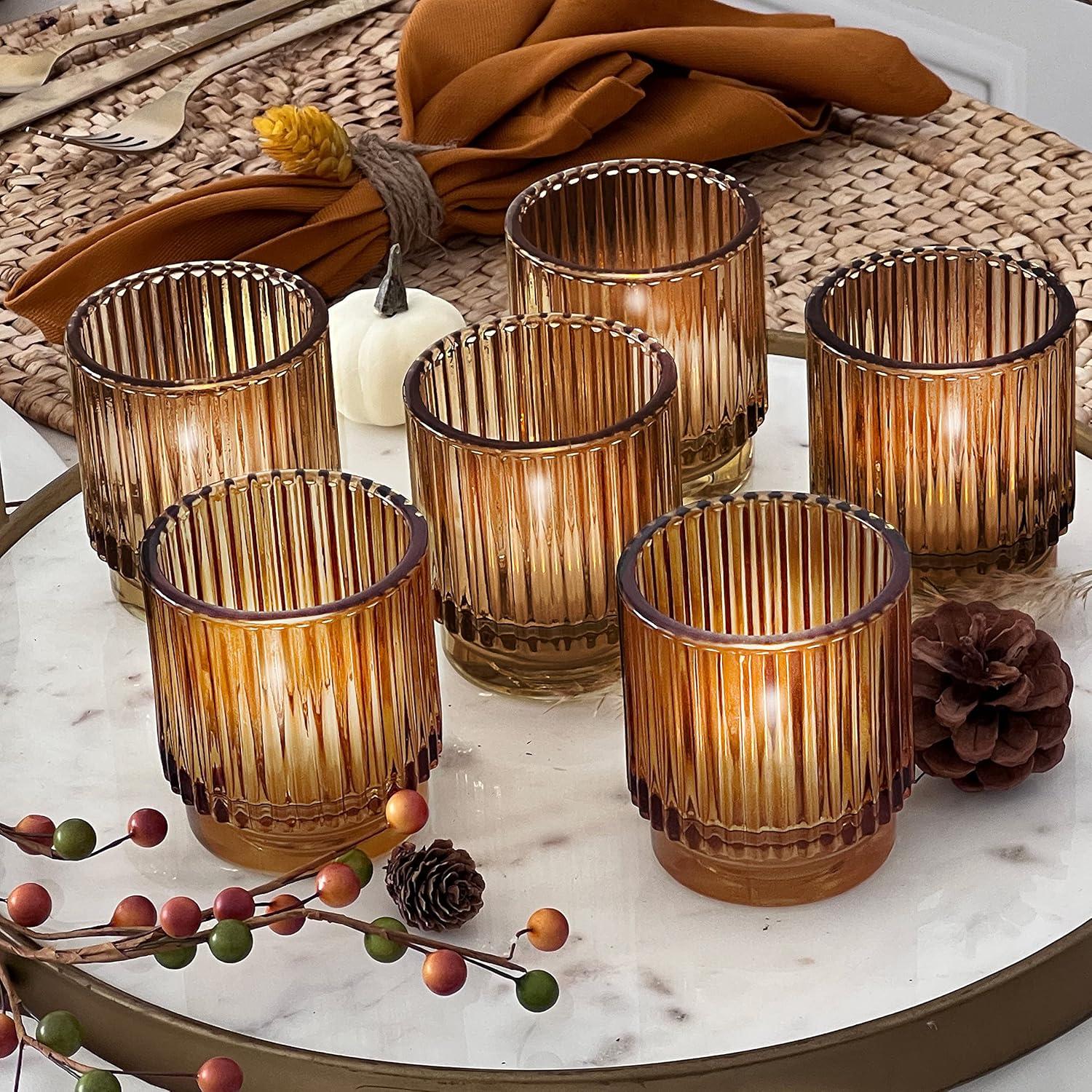 Ribbed Amber Glass Tealight Candle Holders Set of 6