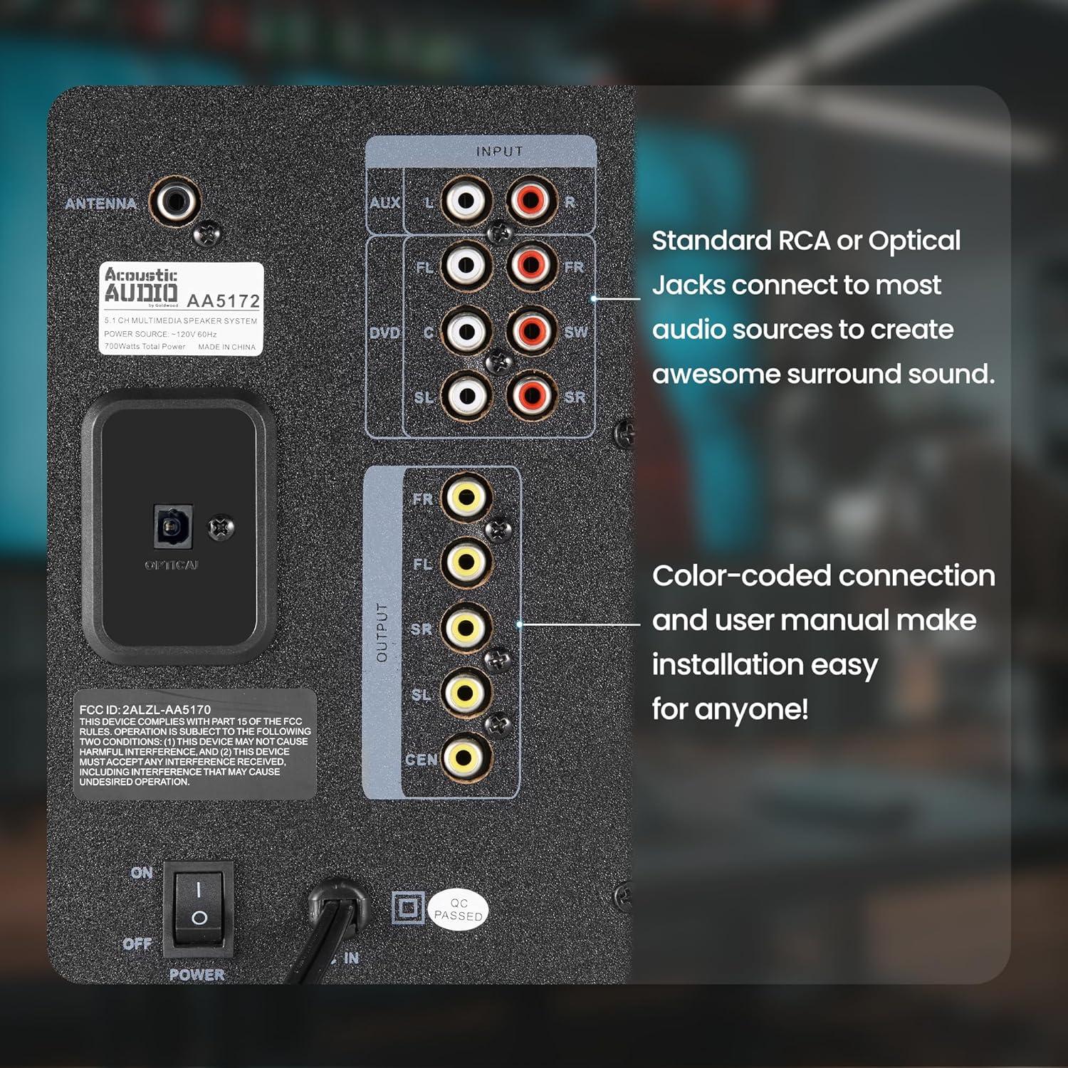 Acoustic Audio 5.1 Channel Black Bluetooth Speaker System with Subwoofer